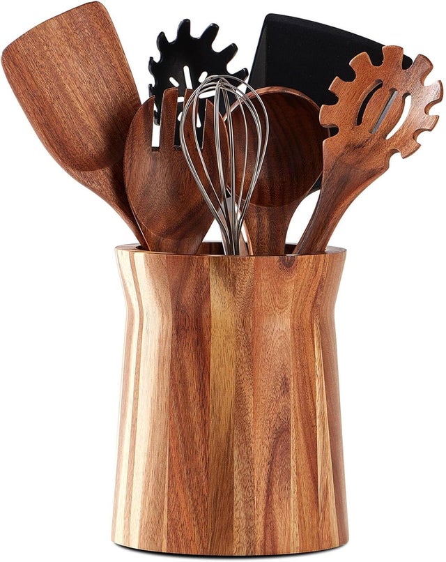 Porte-ustensiles En Bois Robuste Avec 4 Compartiments Et Fond Percé - Organisateur De Couverts Pour Plan De Travail Cuisine (30x15x11,5 Cm)