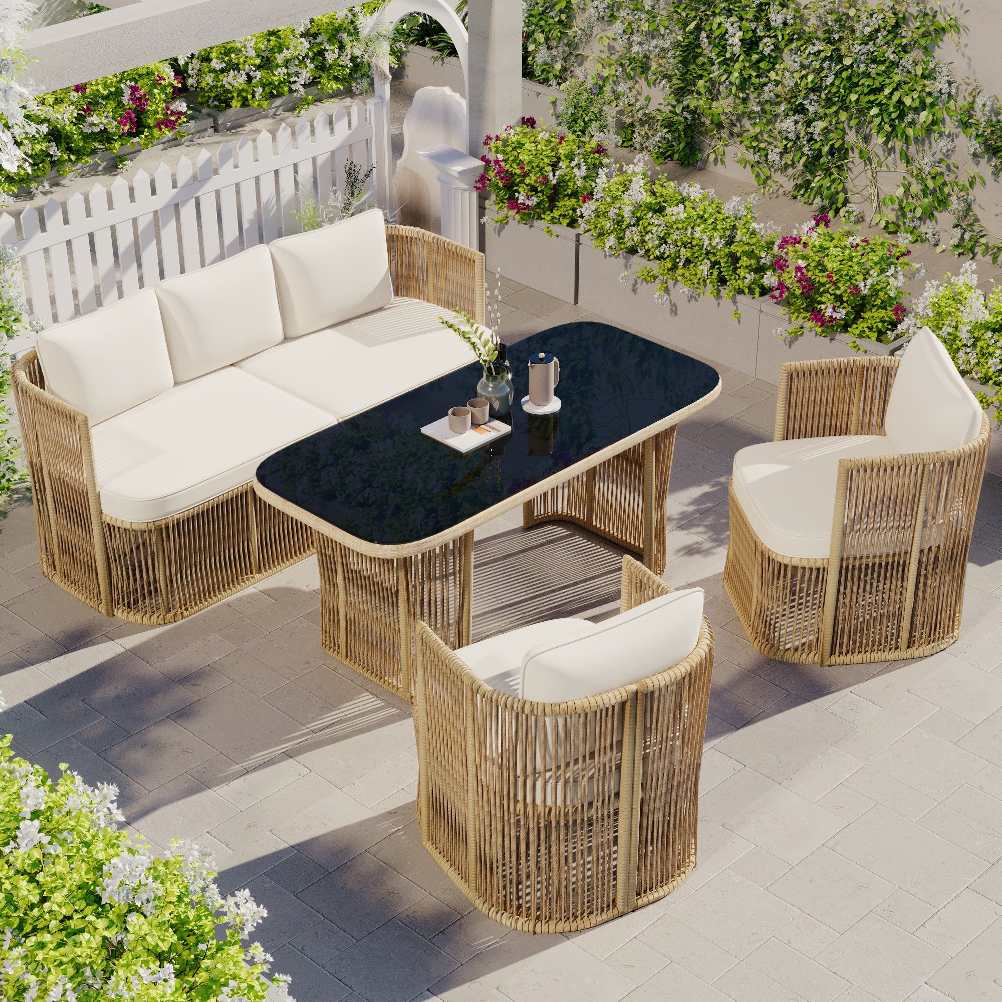Salon de Jardin en Résine Tressée 5 Pièces - Canapé 3 places, 2 Fauteuils et Table en Verre Trempé - Coussins Épais - Beige et Noir - 8