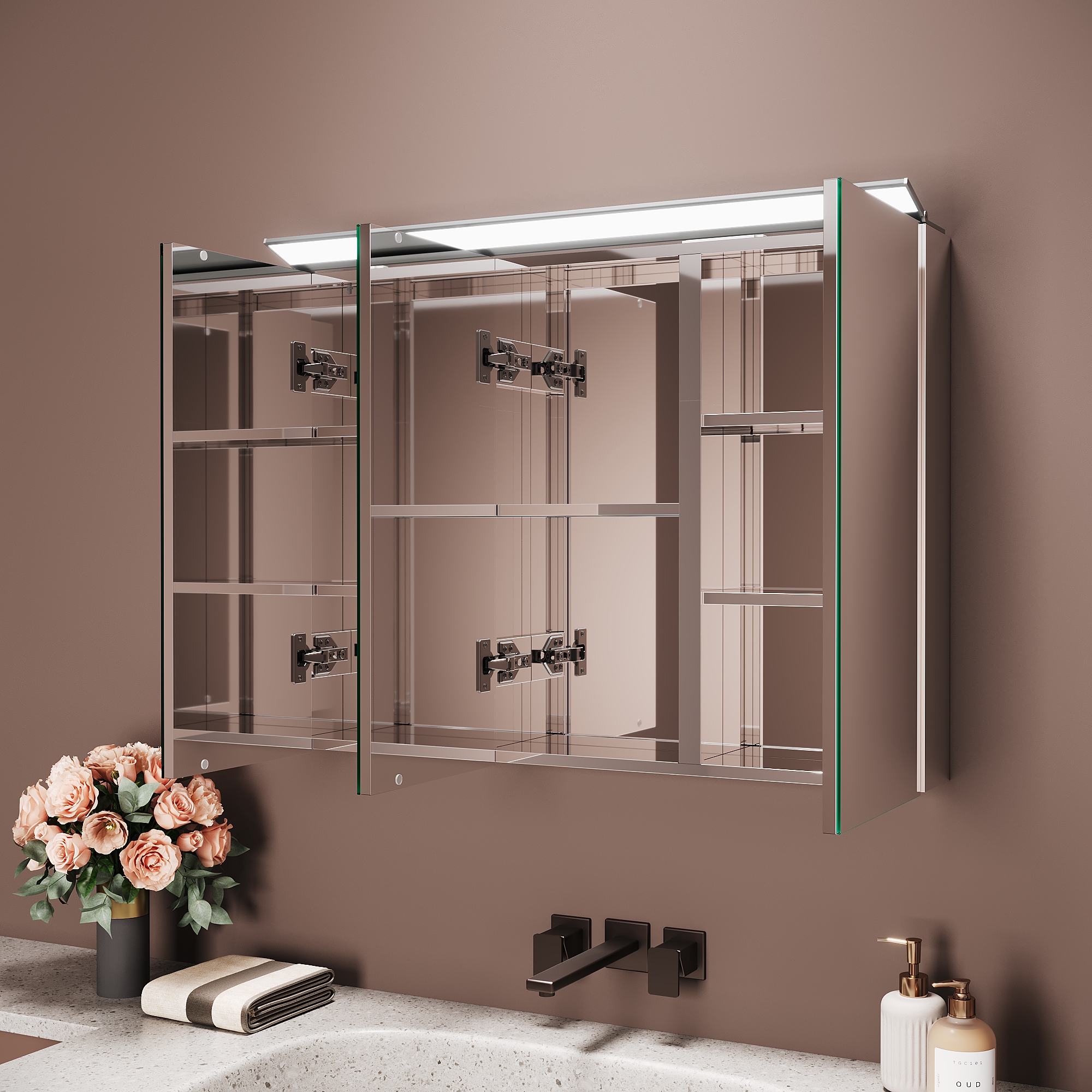 SIRHONA Armoire Miroir Inox 3 Portes 80x60x12cm,&nbsp;Éclairage Supérieur LED Amovible, Design sans Câbles Internes, Grande Capacité - Argent - 2