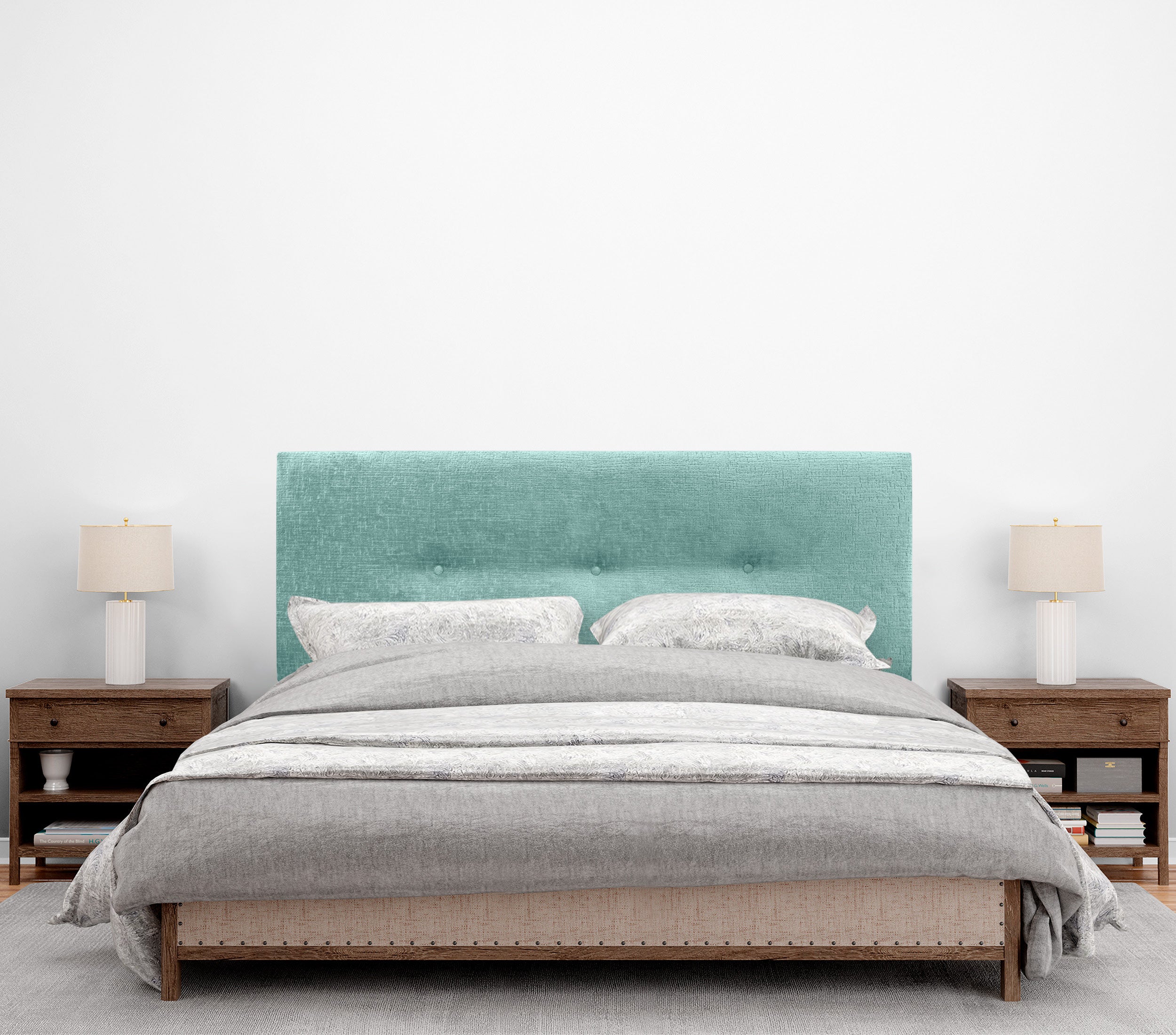 DHOME Testiera in lana ecologica premium finitura semplice con bottoni e gambe testiera imbottita per letto camera imbottita (Verde Acqua, 150 cm) - 4