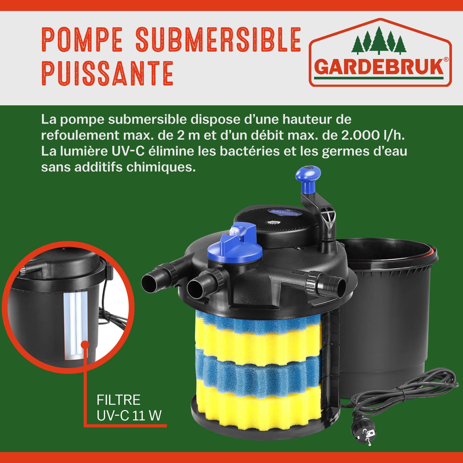 GARDEBRUK® Filtre de bassin à pression avec pompe 16L set complet 2000 L/h 11W lampe UVC fonction dérivation bypass filtre UV-C intégré étang mare - 4