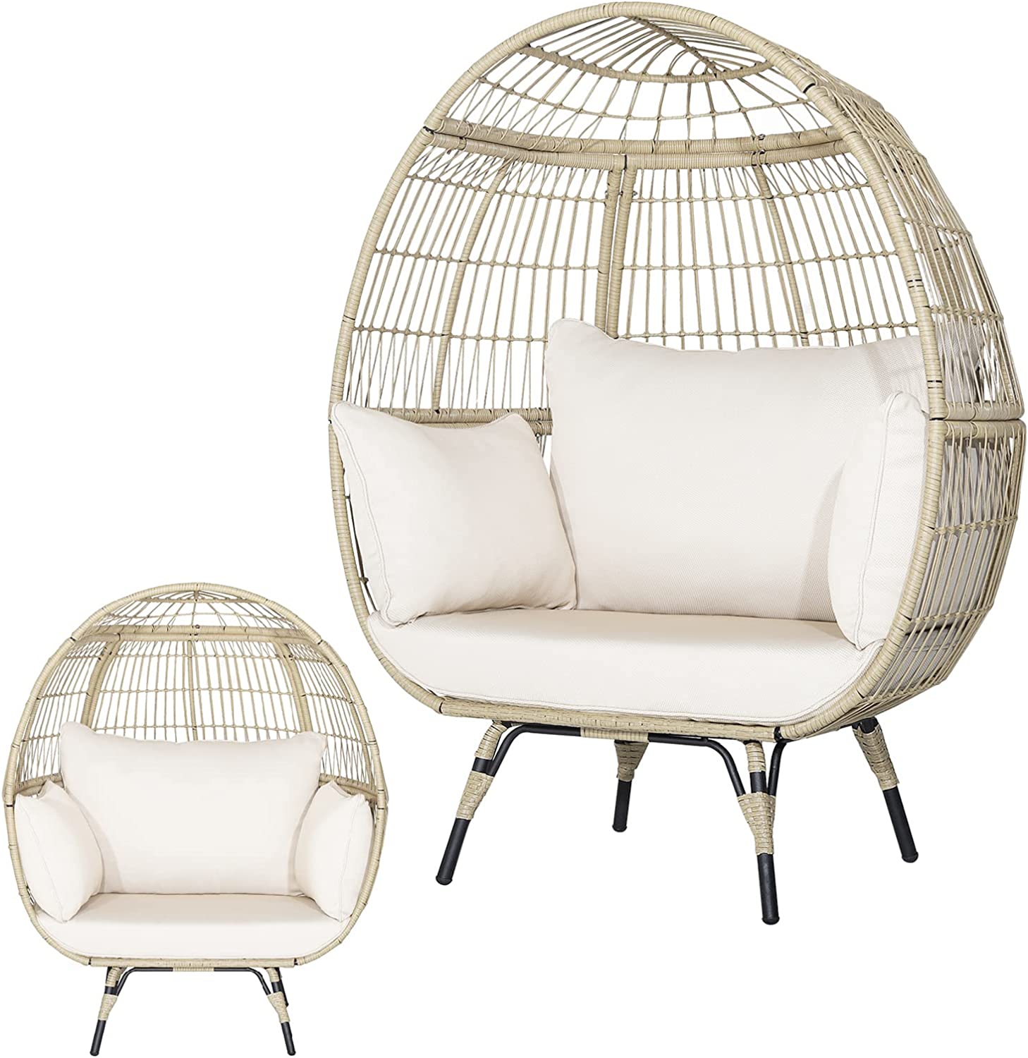 Leżak ogrodowy, fotel wiklinowy w kształcie jajka z 4 poduszkami, metalowa rama, obciążenie do 205 kg, krzesło rattanowe na taras, do ogrodu, salonu