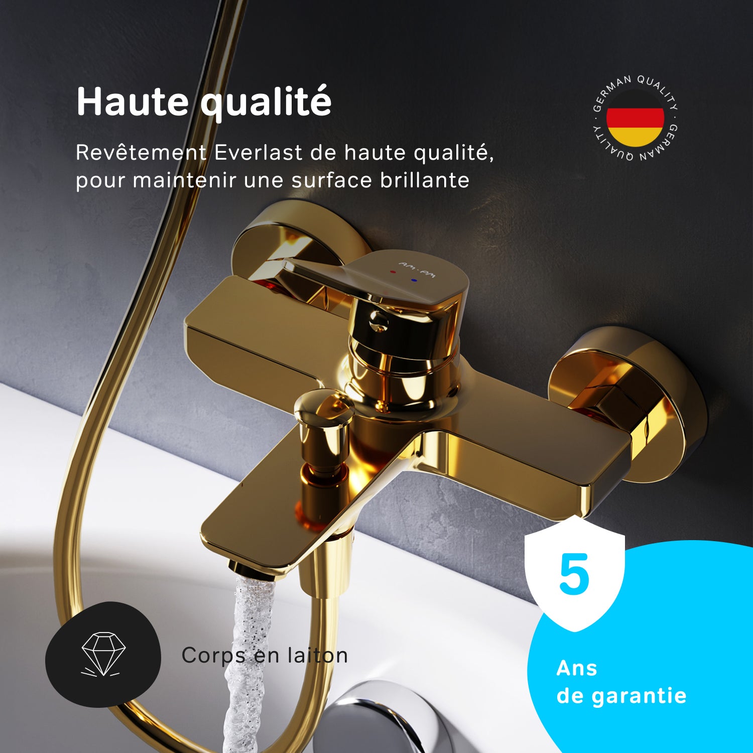 Mitigeur de baignoire mécanique Robinet salle de bain, mitigeur de bain, Doré taille M, X-Joy FXA10099 AM.PM - 3
