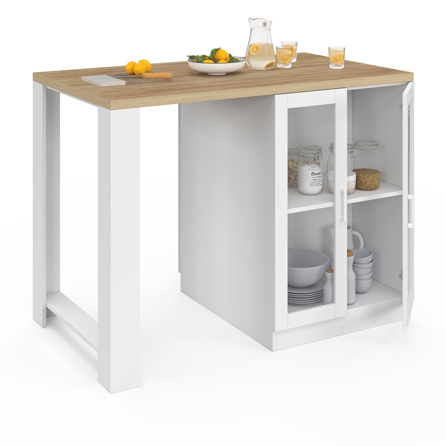 Ilot central LINO 120 cm 2 personnes bois blanc et plan de travail façon hêtre et portes vitrées - 5