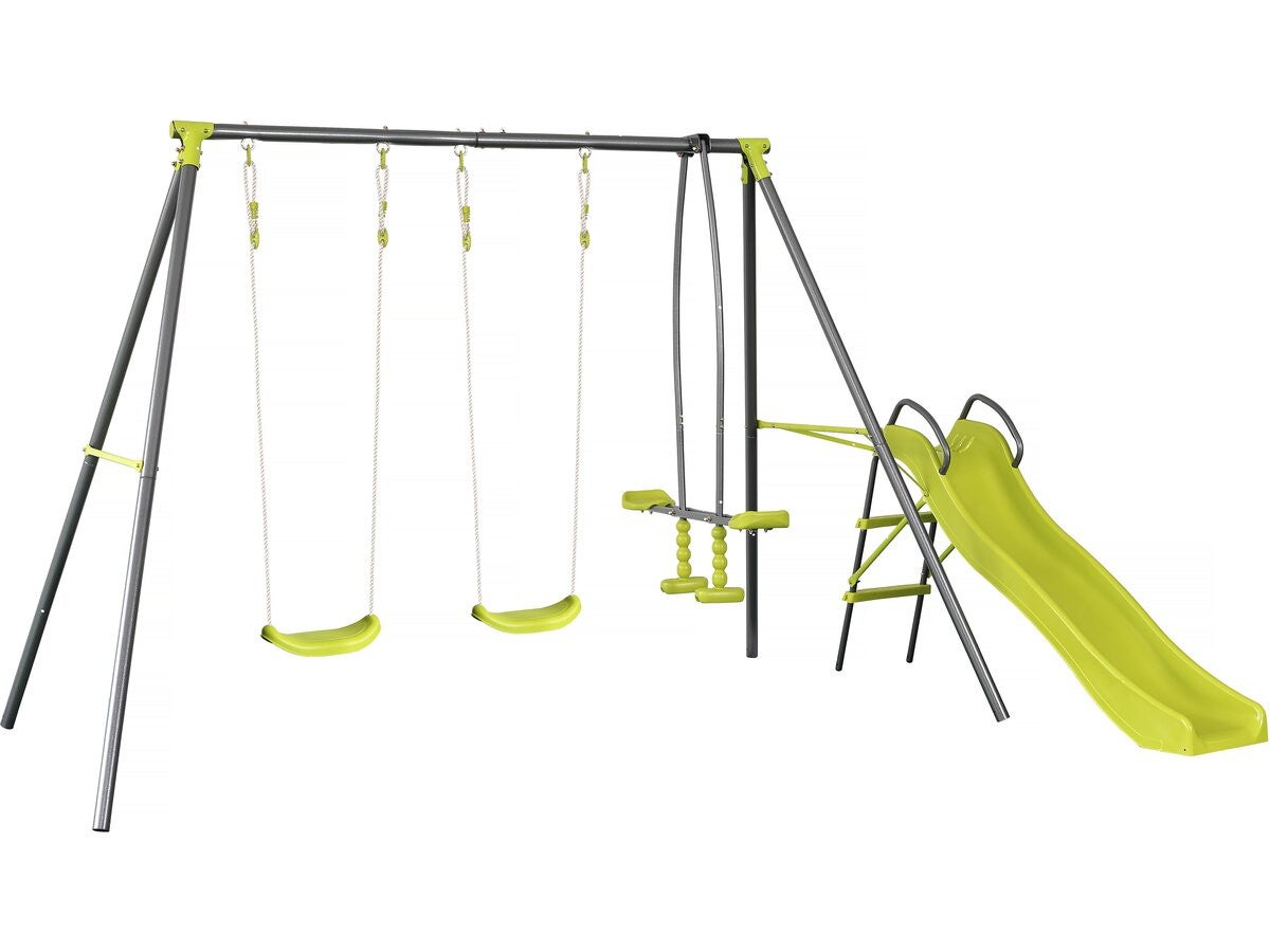 Huśtawka metalowa "Enzo II" ze zjeżdżalnią - 4 aparaty - zielona
