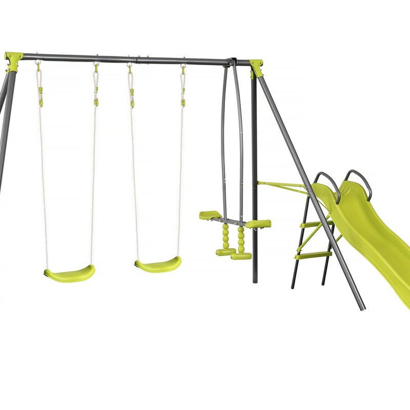 Huśtawka metalowa "Enzo II" ze zjeżdżalnią - 4 aparaty - zielona