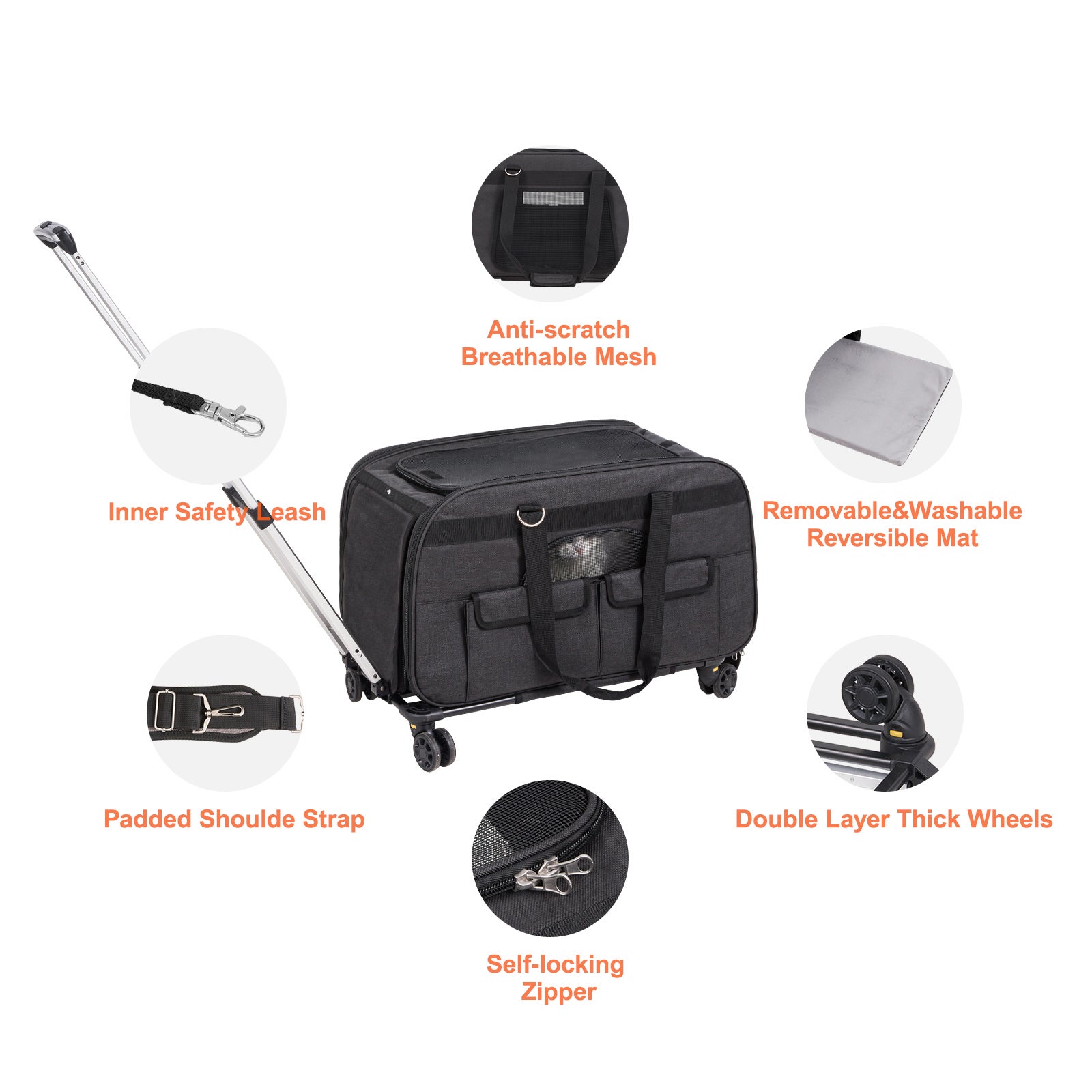 Sac de transport pour chat SucceBuy à roulettes avec poignée télescopique, bandoulière, bol pliable inclus, pour chien jusqu’à 16 kg, noir - 9