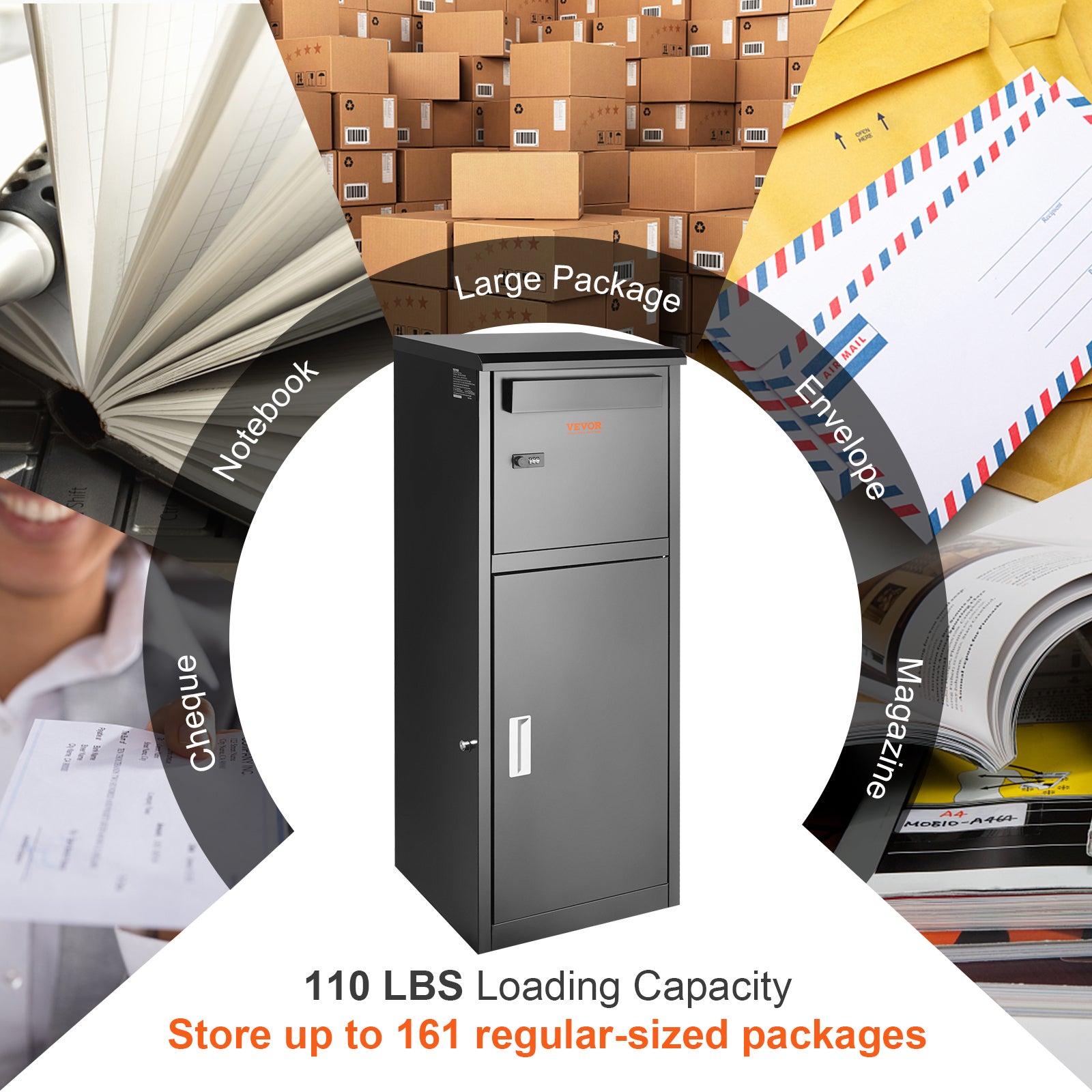 Boîte à Colis VEVOR 41,2x40,1x110,5cm Boîte aux Lettres Acier Galvanisé Verrouillable Code Autoportante Montage Sol Déflecteur Antivol Étanche IPX3 - 5