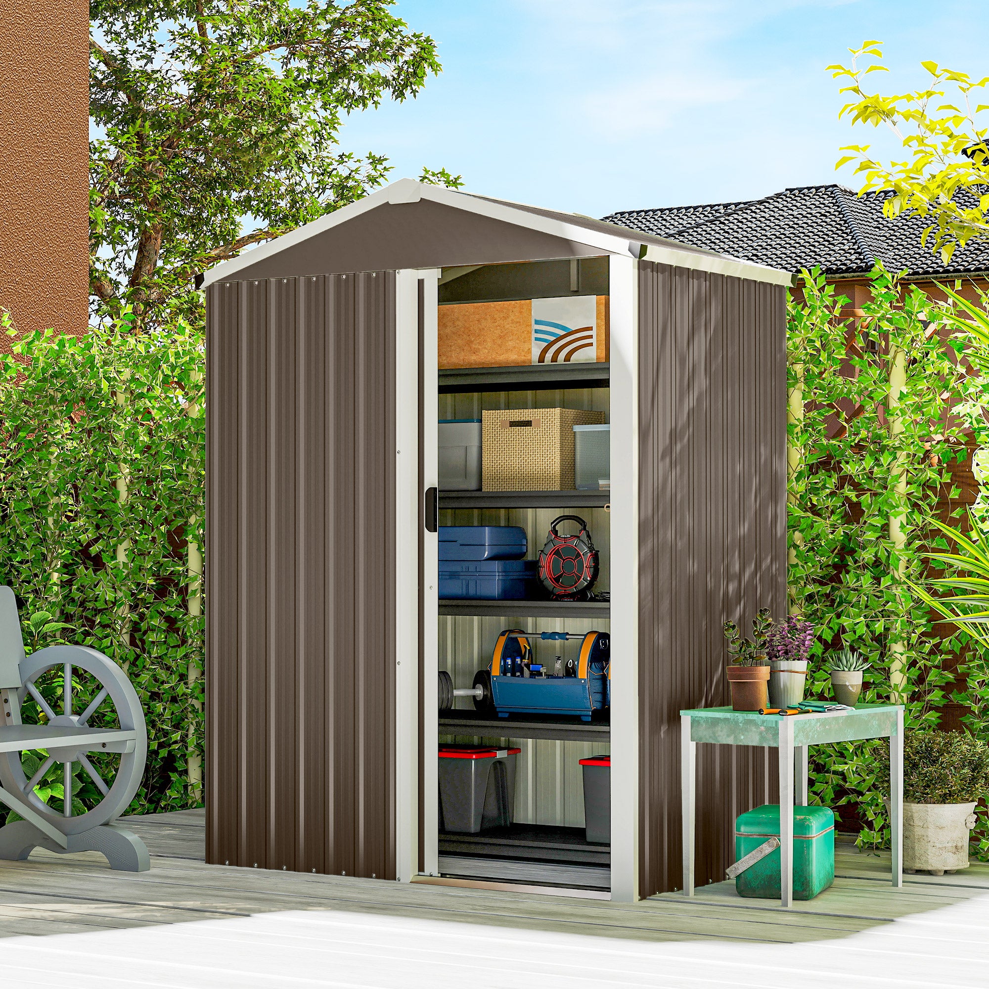 Caseta de Jardín Outsunny Acero Galvanizado Marrón 136x87x179 cm - 2