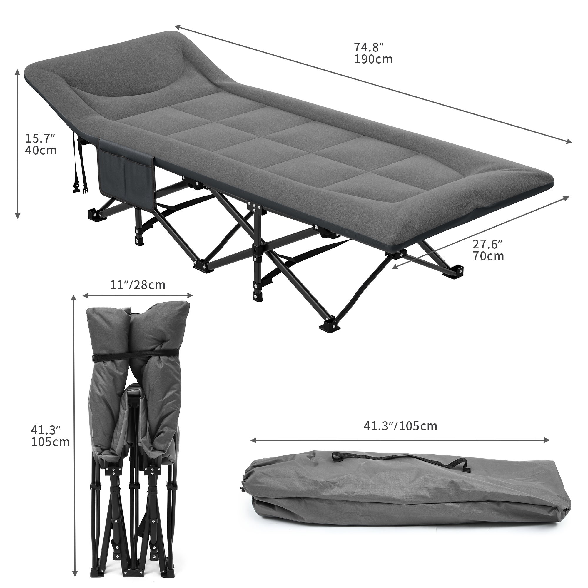 YITAHOME Lit de Camping - Pliant pour Adultes - Capacité de 250 kg - Gris - avec Matelas - 4