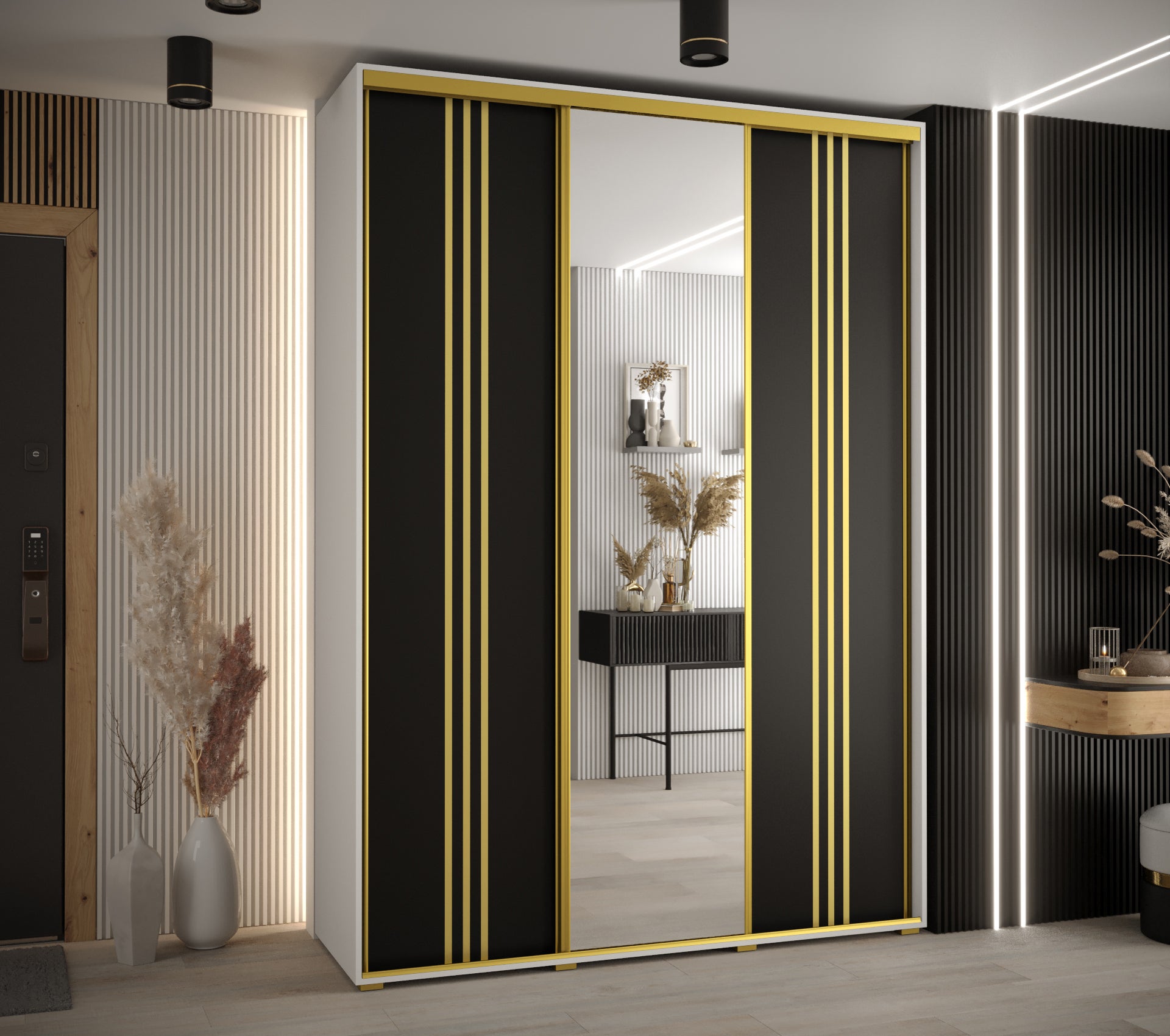 Szafa przesuwna z lustrem wysoka Davos 7 180 x 60 x 235,2 cm biały + czarny + u. złoty - Abiks Meble - 2