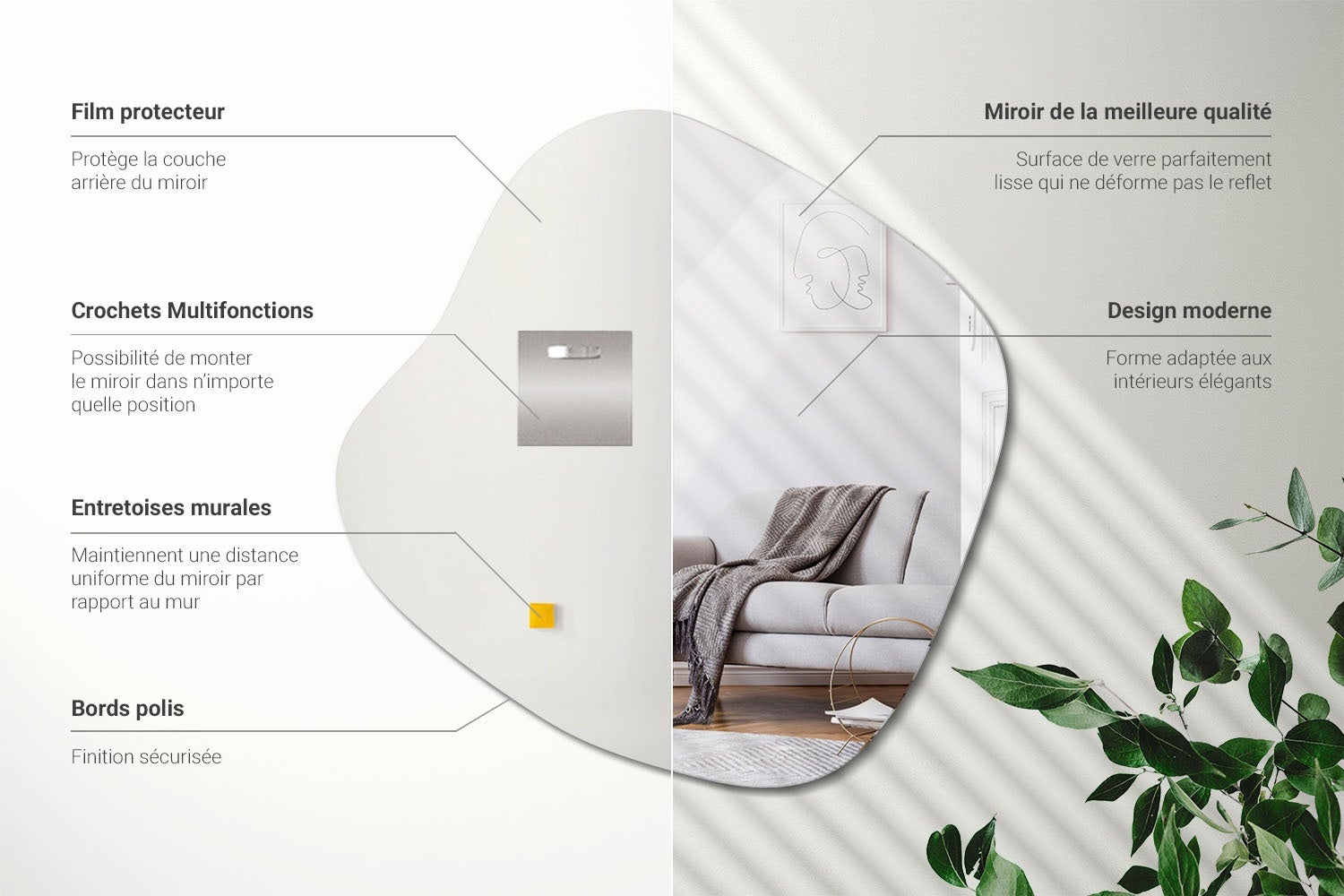 Miroir tache | Wallfluent | 67,6x67 cm | Décoration contemporaine pour salon, chambre - 4