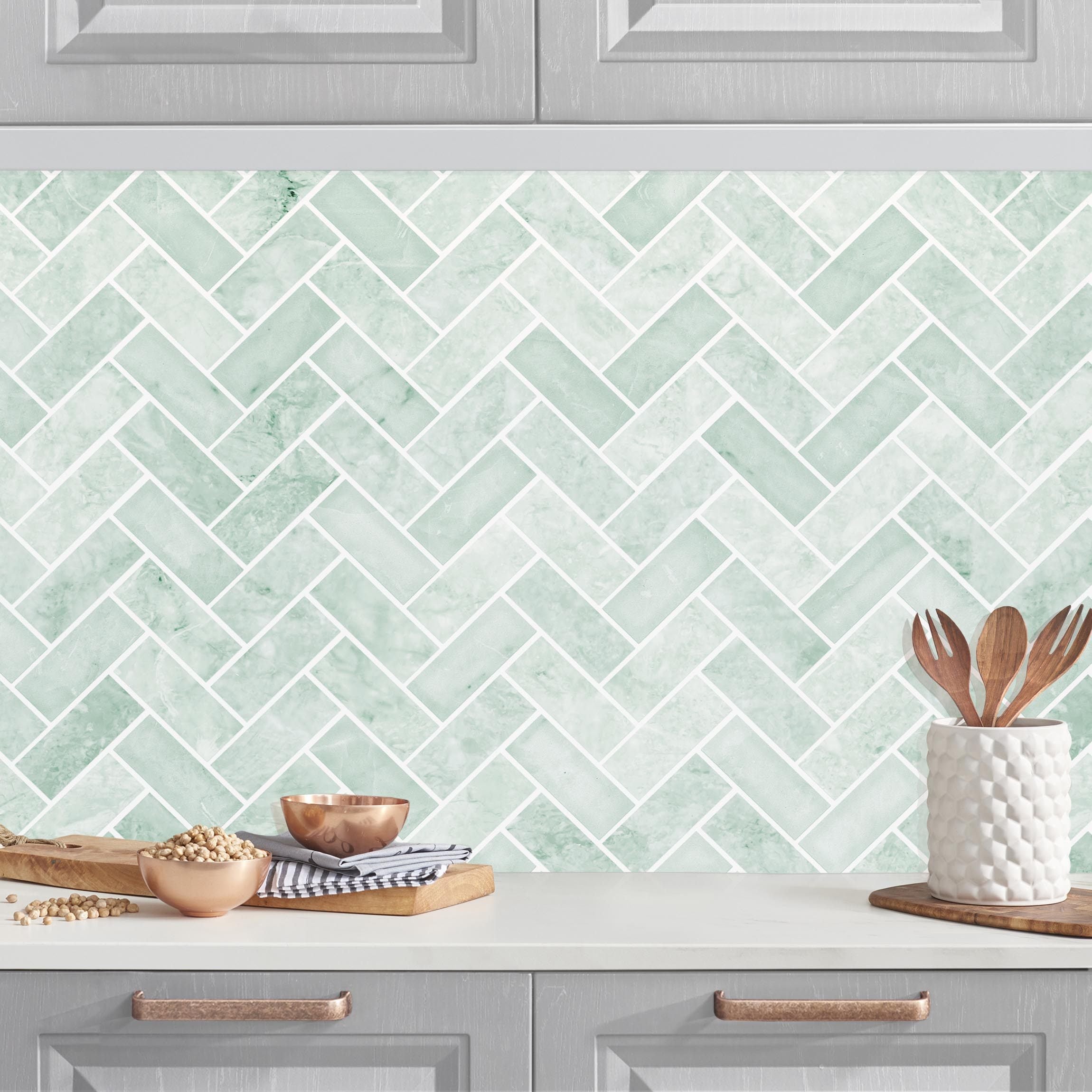 Salpicadero cocina adhesivo - marble fish bone tiles - mint 200 x 60 cm