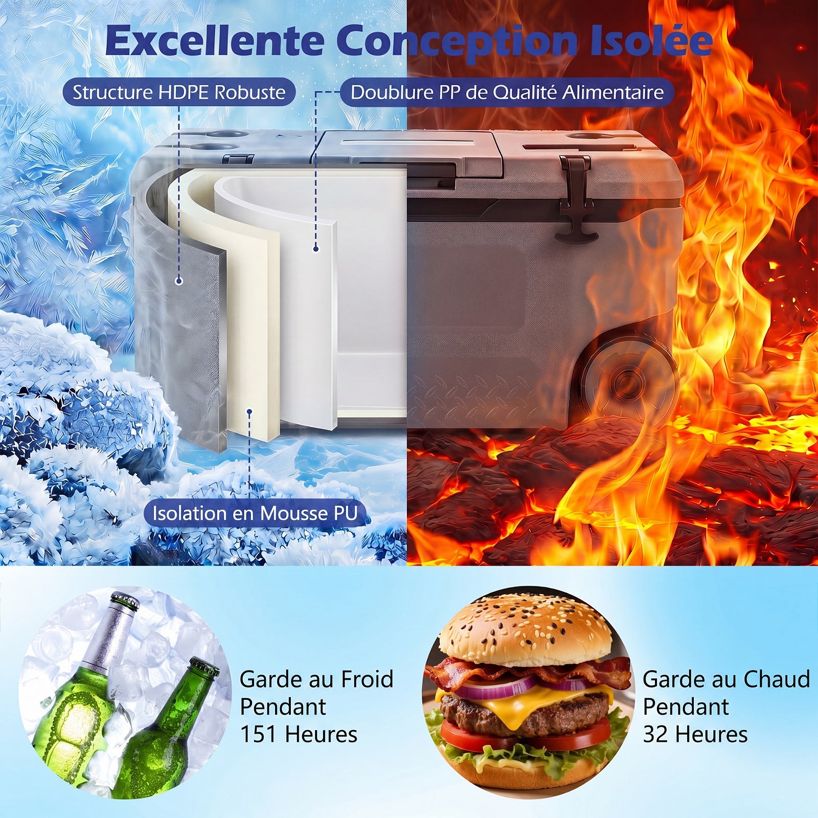 Glacière Portable 50L, Réfrigérateur Portable à roulettes avec Orifice de Sortie Emplacement du Gobelet, Rétention de Glace de 6 Jours - 6