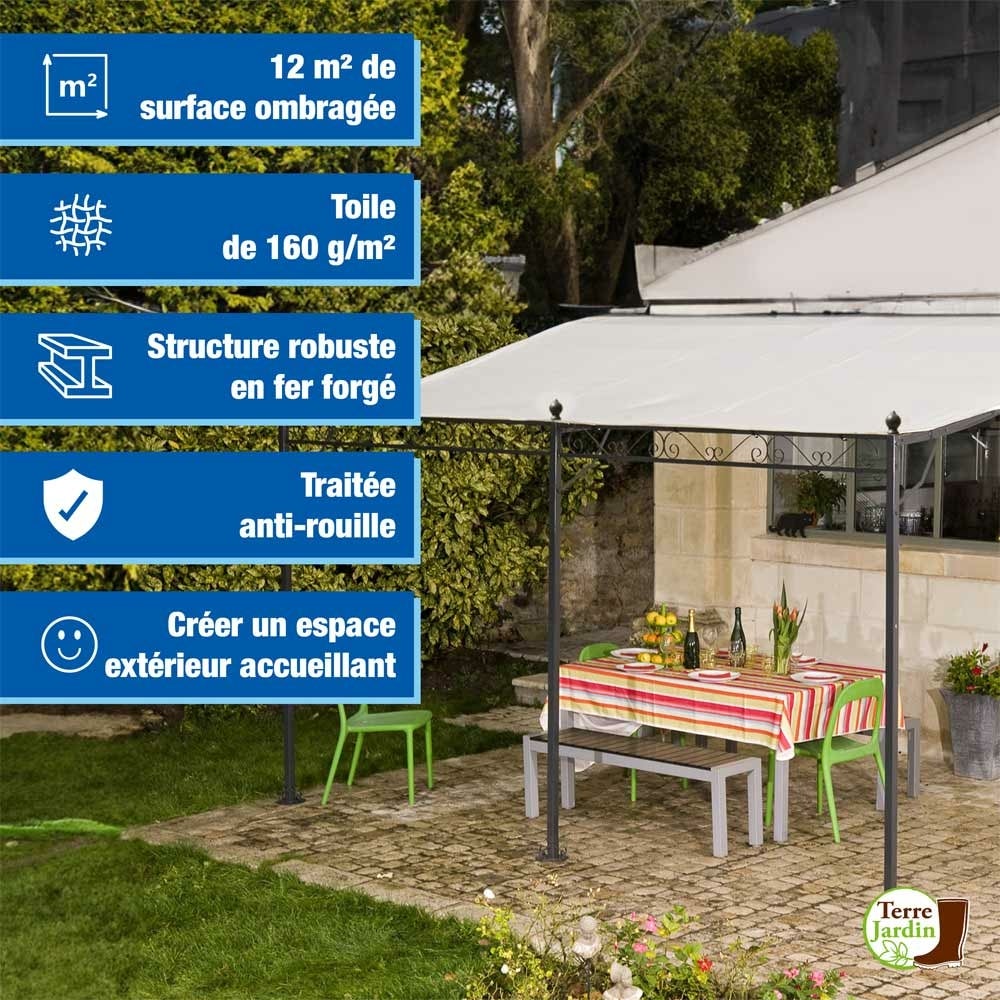 Tonnelle Adossée en fer forgé - Toile Beige, Polyester 160 g/m² - 4 x 3 m - 2