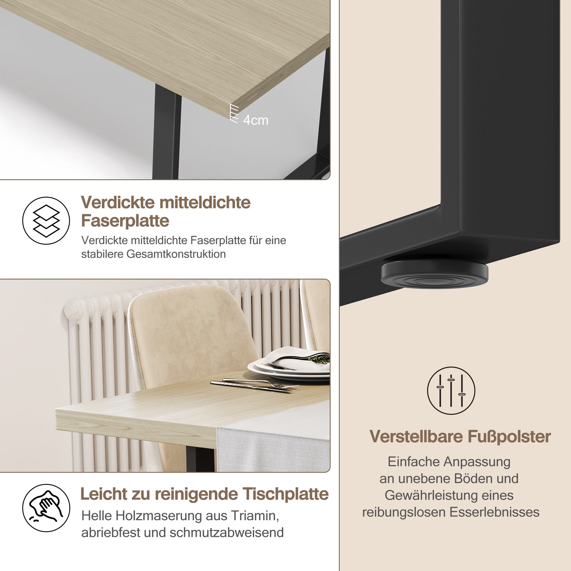 Stół jadalny dla 6-8 osób - 160 x 80 x 75 cm - MDF i nogi metalowe - Naturalny i czarny - 4