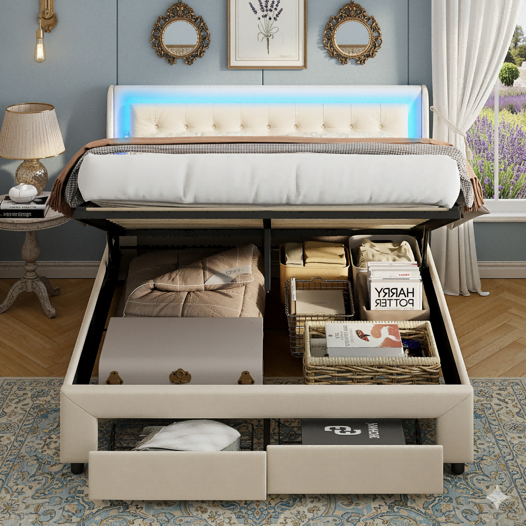 Lit coffre 160x200cm avec 2 tiroirs - lit double avec sommier à lattes et tête de lit LED - moderne et classique - velours beige - 7