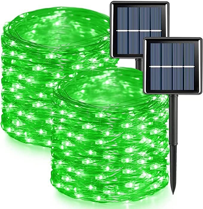 Zestaw 2 lampek solarnych do użytku na zewnątrz, drut miedziany, wodoodporny, 42 metry na lampkę, 400 diod LED (zielone światło)