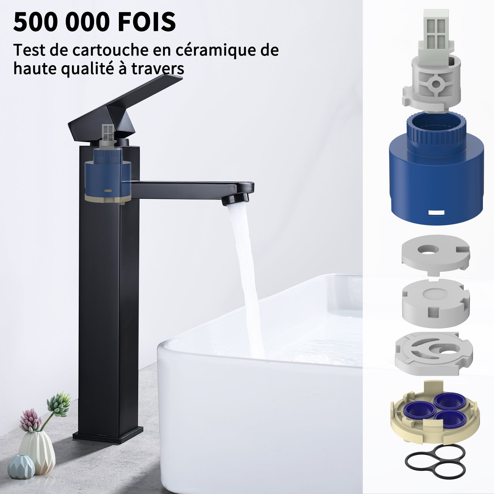 Mitigeur Salle de Bain Noir avec Bec Haut Robinet de Lavabo Pour Vasque à Poser Robinetterie Lavabo avec Poignée Carré en Inox - 4