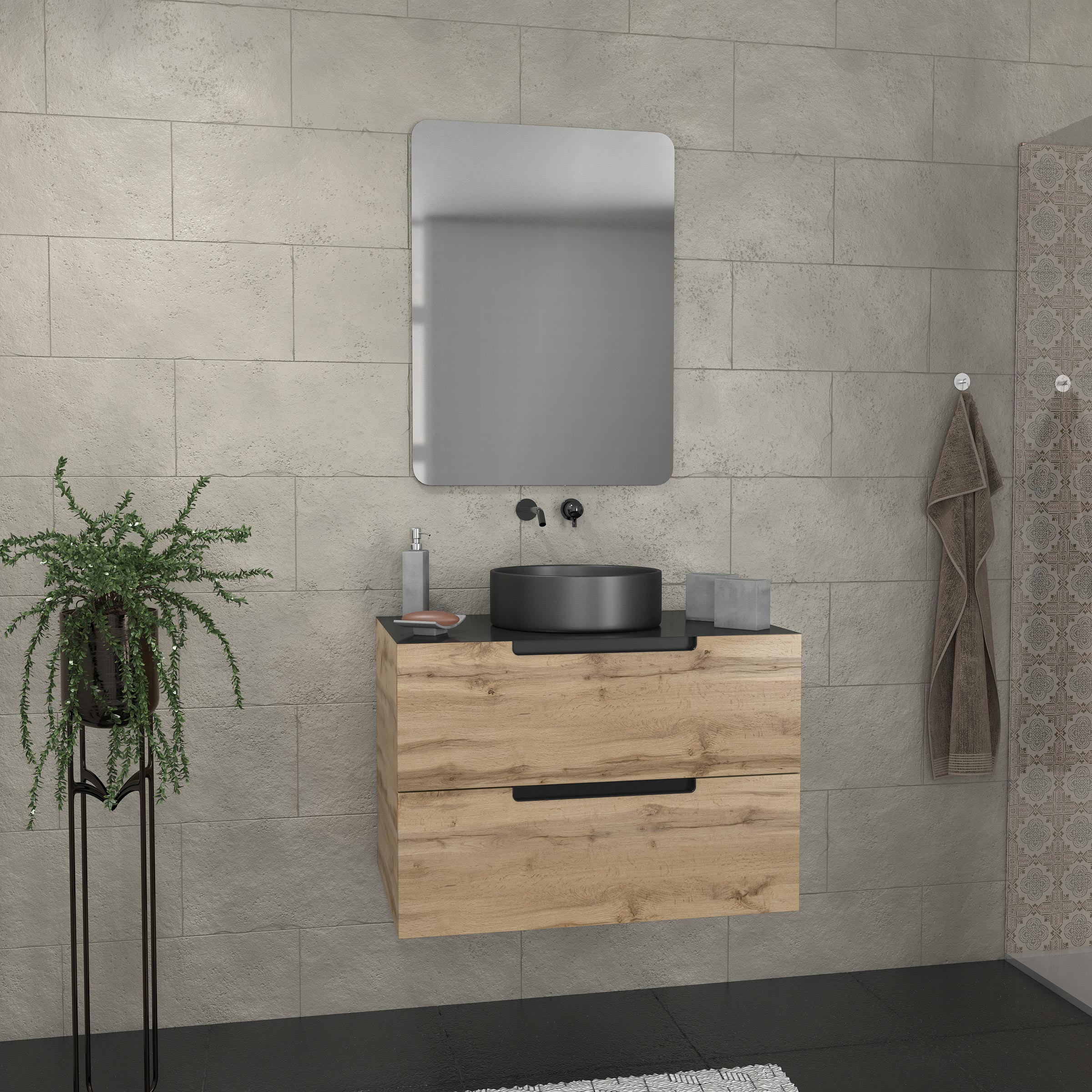 Mueble baño 80 cm 2 cajones - roble y negro - lavabo redondo - espejo