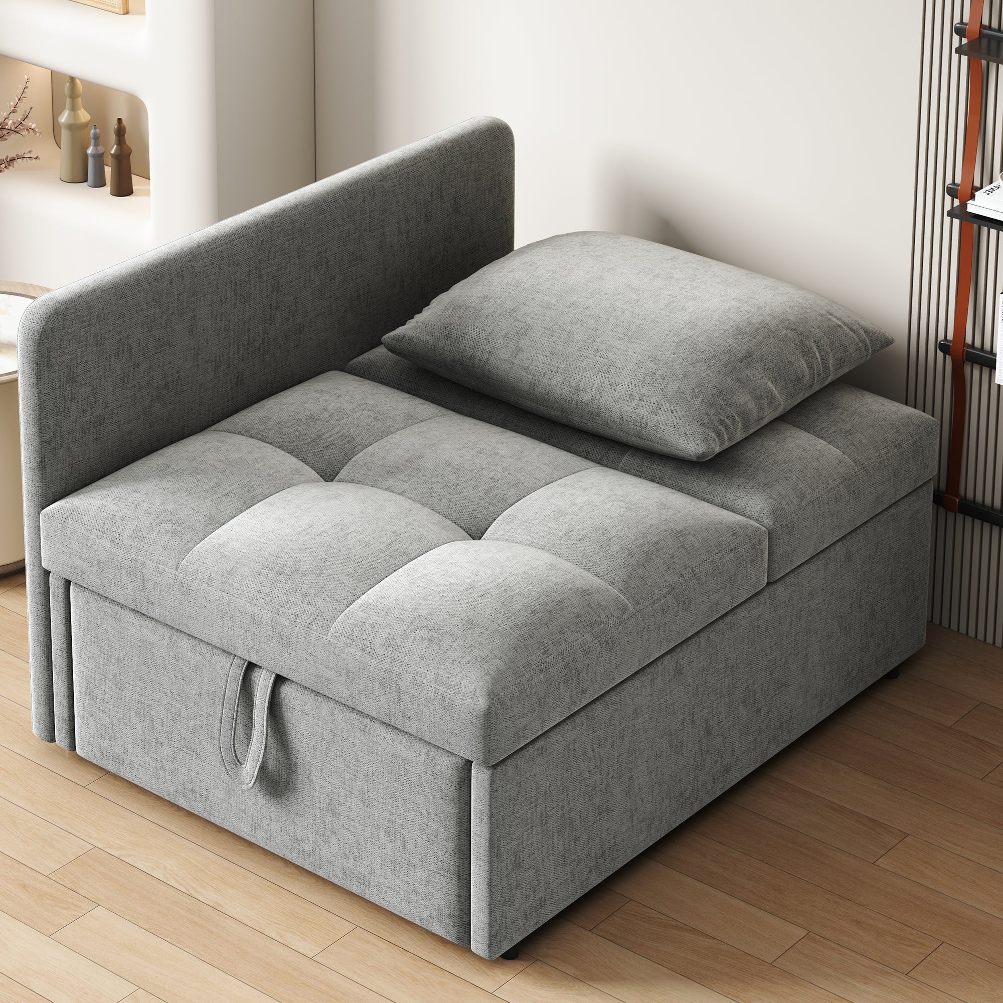 Rozkładana sofa 1-osobowa, 3 w 1, tapicerowana sofa z funkcją spania – 97/177 x 65 x 65 cm – tkanina lniana – regulowane oparcie – szara - 6