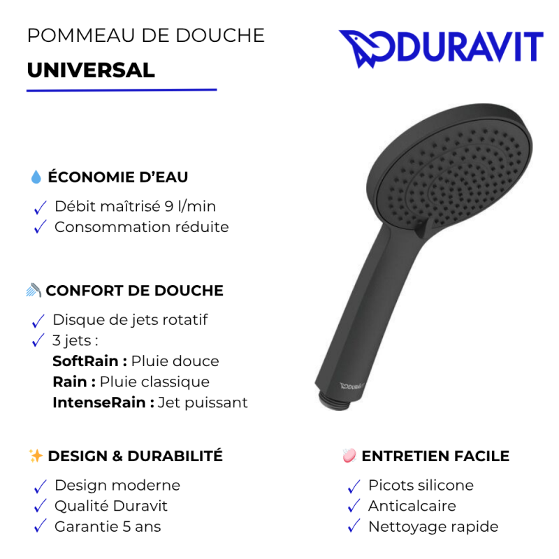 Pommeau de douche 3 jets DURAVIT Universal avec curseur noir mat + flexible de douche - 3