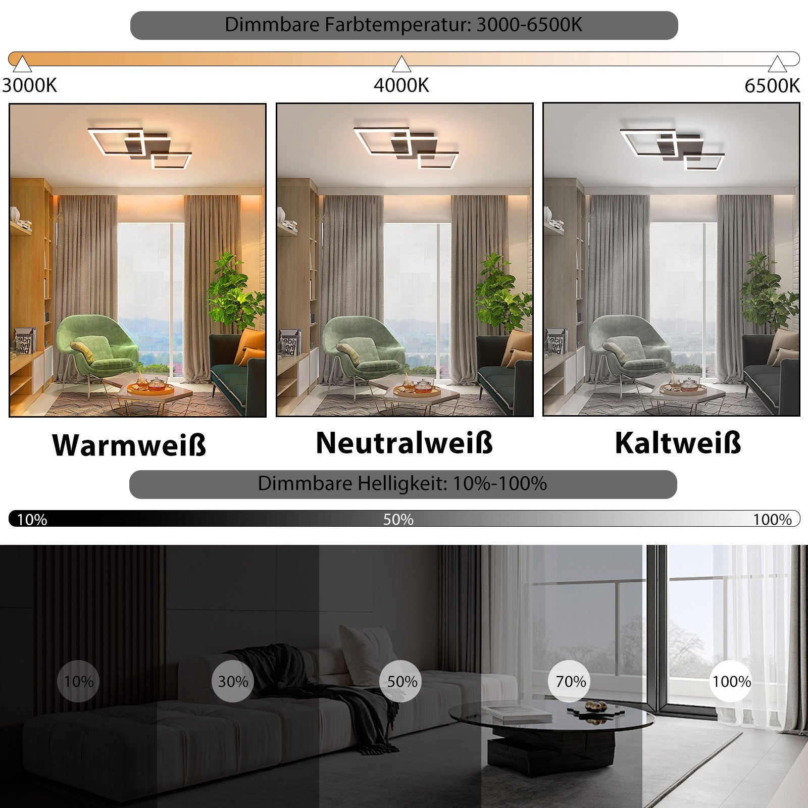 NETTLIFE Lampa sufitowa LED do salonu, czarna, ściemnialna, kwadratowa, nowoczesna, 36 W, z pilotem - 2