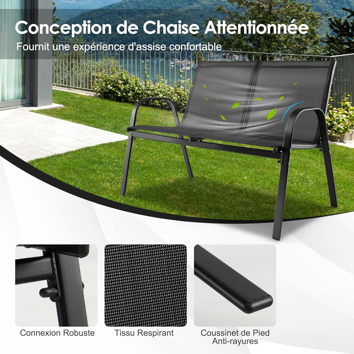 4 Pcs Ensemble de Meubles de Jardin avec 3 Chaises en Textilene, Lot de 4 Salon de Jardin 4 Personnes avec Table Basse,pour Jardin,Terrasse - 3