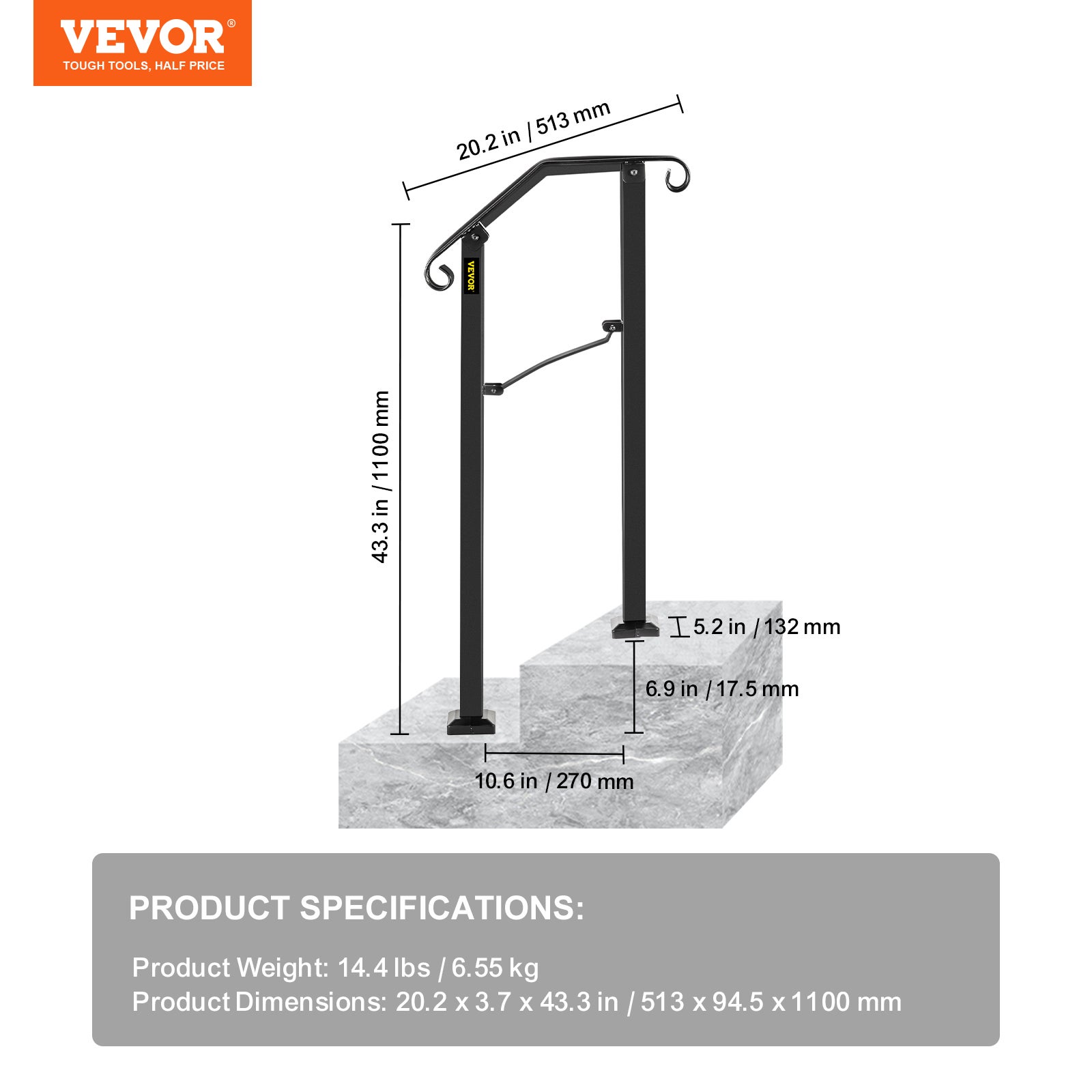 Rampe D’escalier en Fer Forgé VEVOR 1-2 ​Marches Hauteur Flexible Garde-corps pour Escalier Main Courante pour Jardin Extérieur et Intérieur - 7
