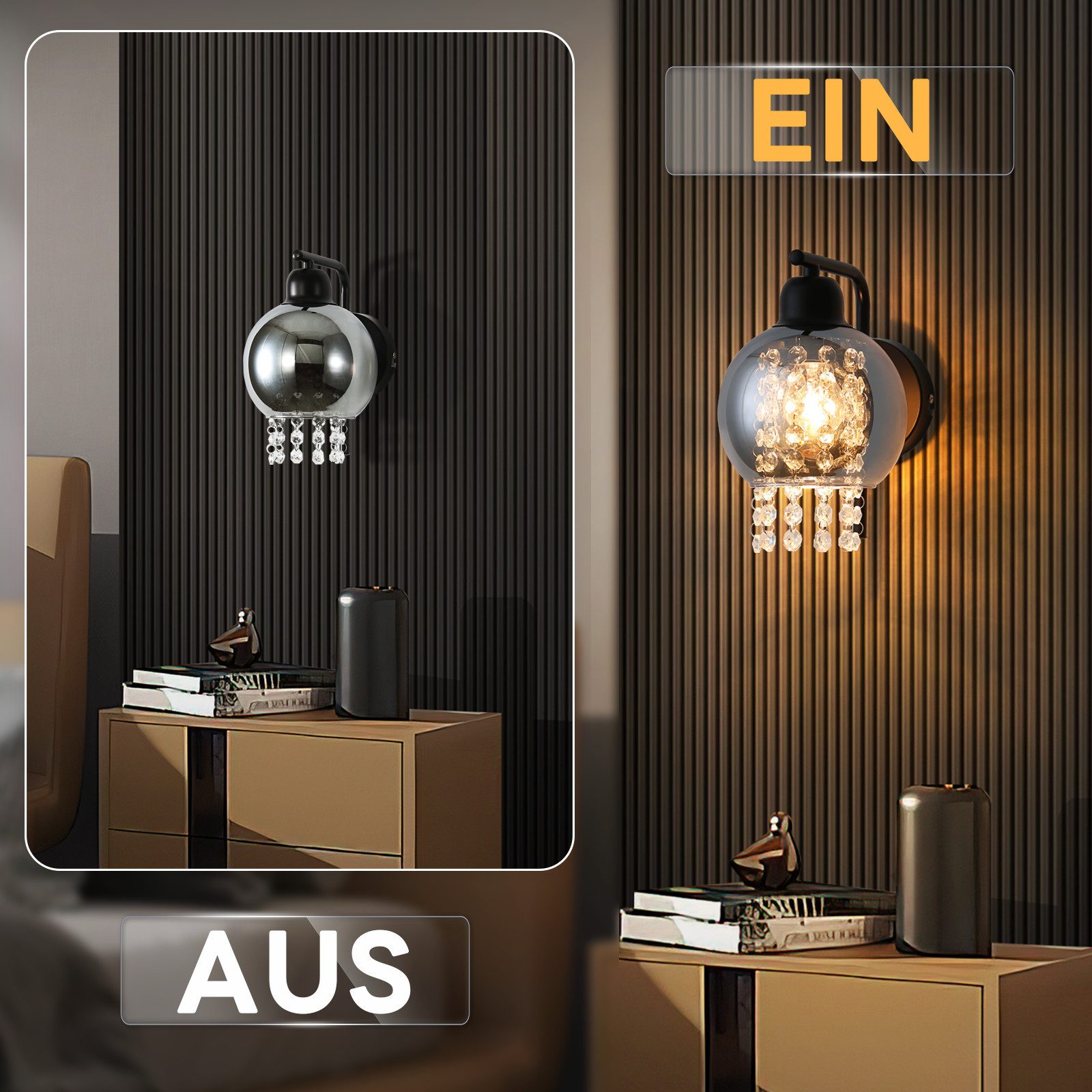 NETTLIFE Szary dymny szklany kinkiet z kryształową kulą E27 do sypialni, nowoczesna lampa wewnętrzna do przedpokoju - 5