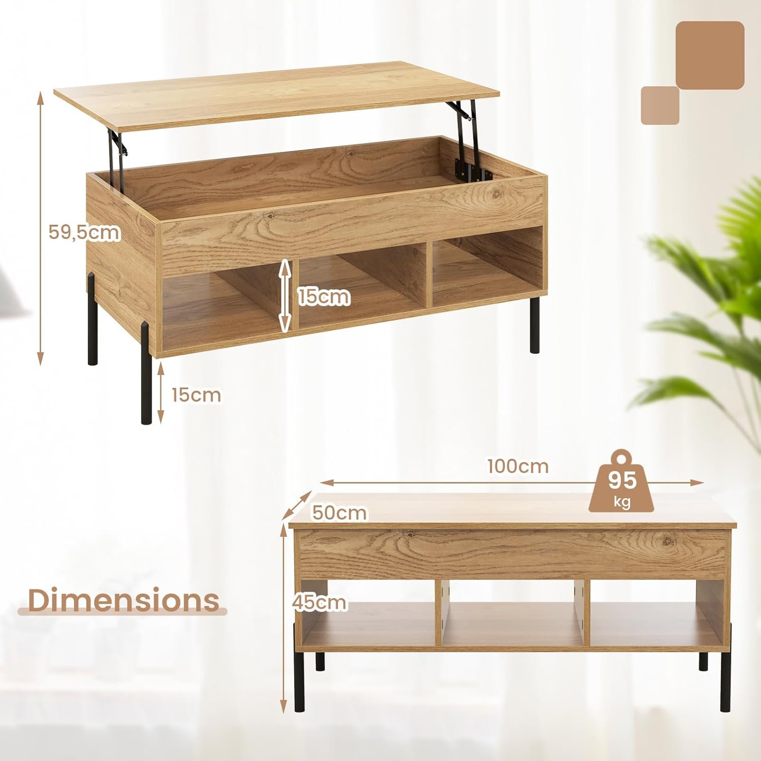 Tavolino da Caffè Sollevabile, Tavolo da Salotto con Piano Sollevabile, Ampio Comparto Nascosto e 3 Scomparti Aperti, Tavolo da Cocktail con G - 2