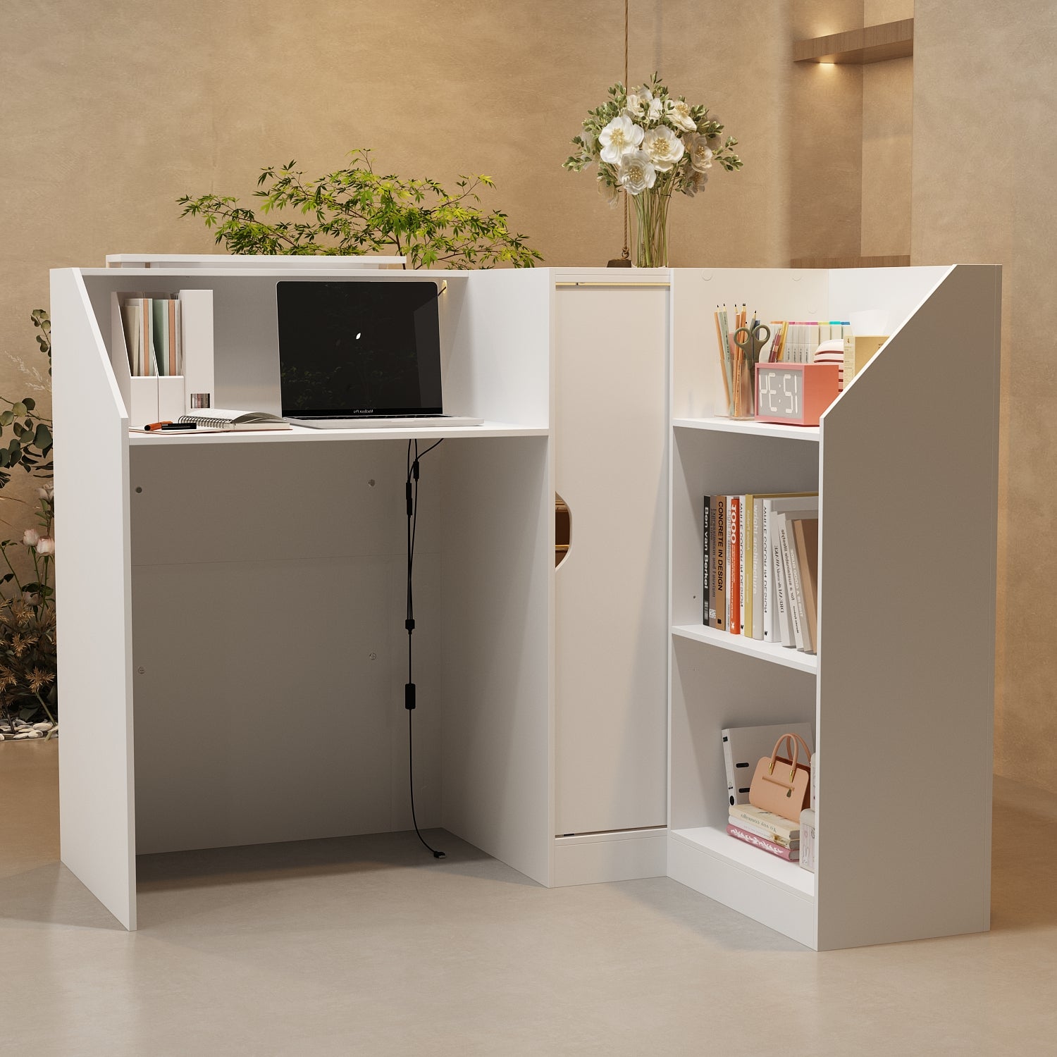 Bureau d’Accueil en Forme L, Compartiments et Étagères en Verre , Comptoir de Réception à Éclairage LED, Bureau,120x100x103, Blanc - 2