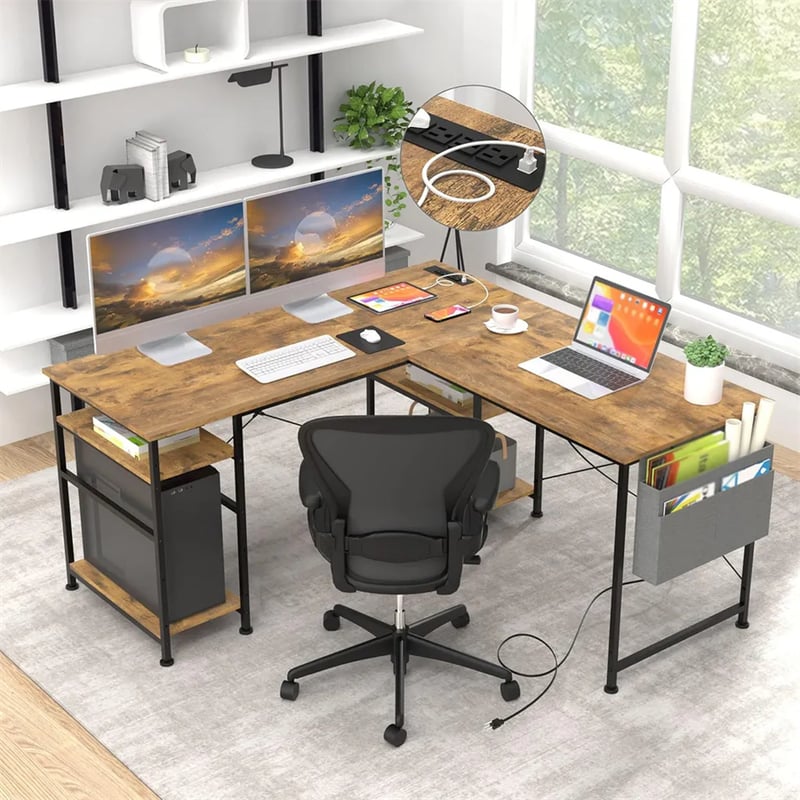 Wielofunkcyjne biurko Tbfit w kształcie litery L – wbudowane gniazdko elektryczne, wyjmowane półki i elastyczna konfiguracja