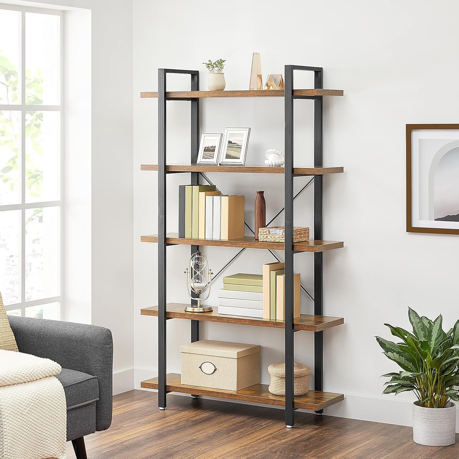 GIANTEX Scaffale Industriale 5 Ripiani – Libreria In Legno Vintage E Acciaio Nero 80x29,5x154 Cm - 2
