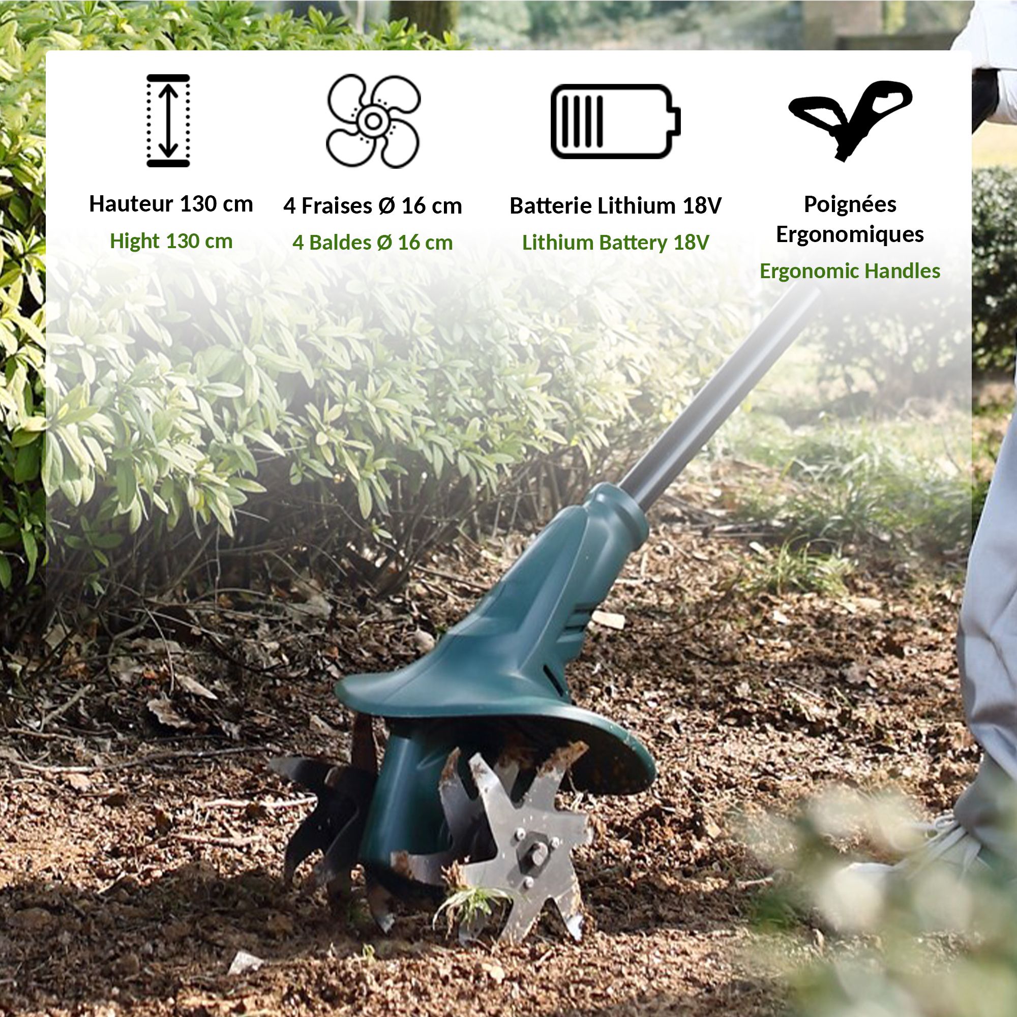 Elettrozappa Senza Fili 18V Batteria Inclusa 4 Frese Manico Regolabile 3,9kg Cura Orto Giardino - 3
