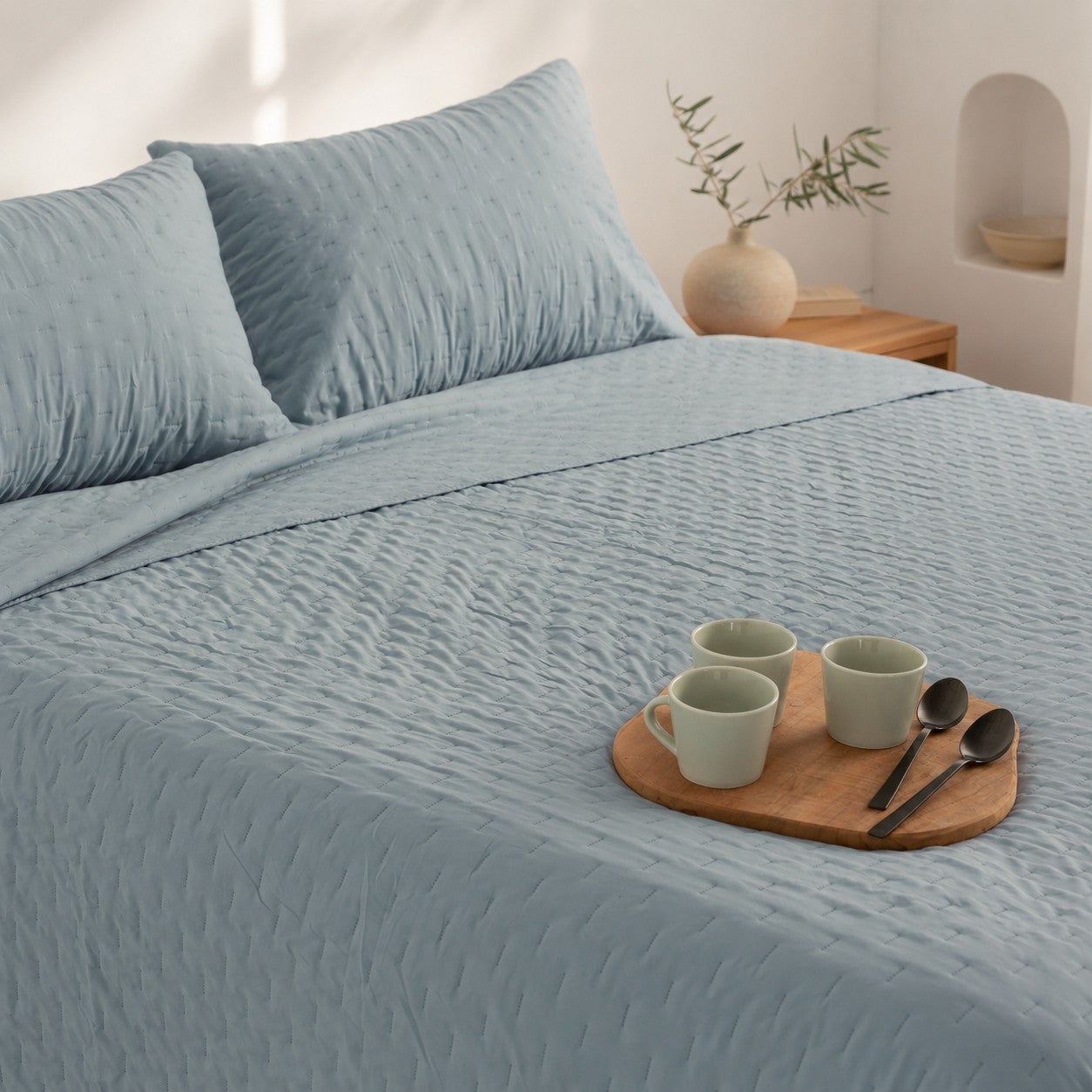 Colcha acolchada lisa cama 180 incluye fundas de almohada 270x270 + 2(50x70) cm azul - 4