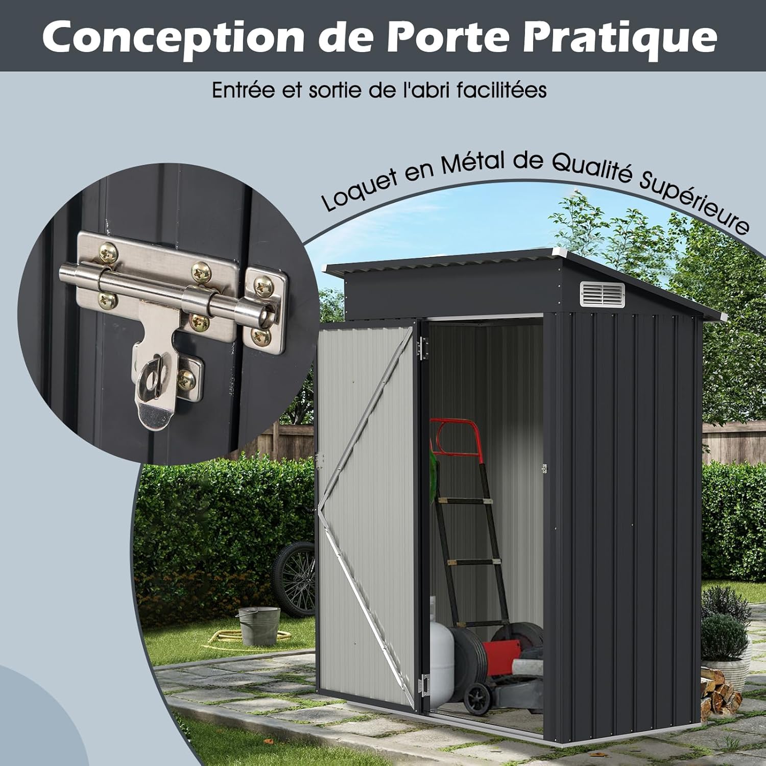 Abri de Jardin Métal Galvanisé 1,02m², Cabane Jardin Exterieur 1,88 m³avec Loquet, Toit en Pente, 4 Gants, 2 Trous d’Aérations, Gris - 4