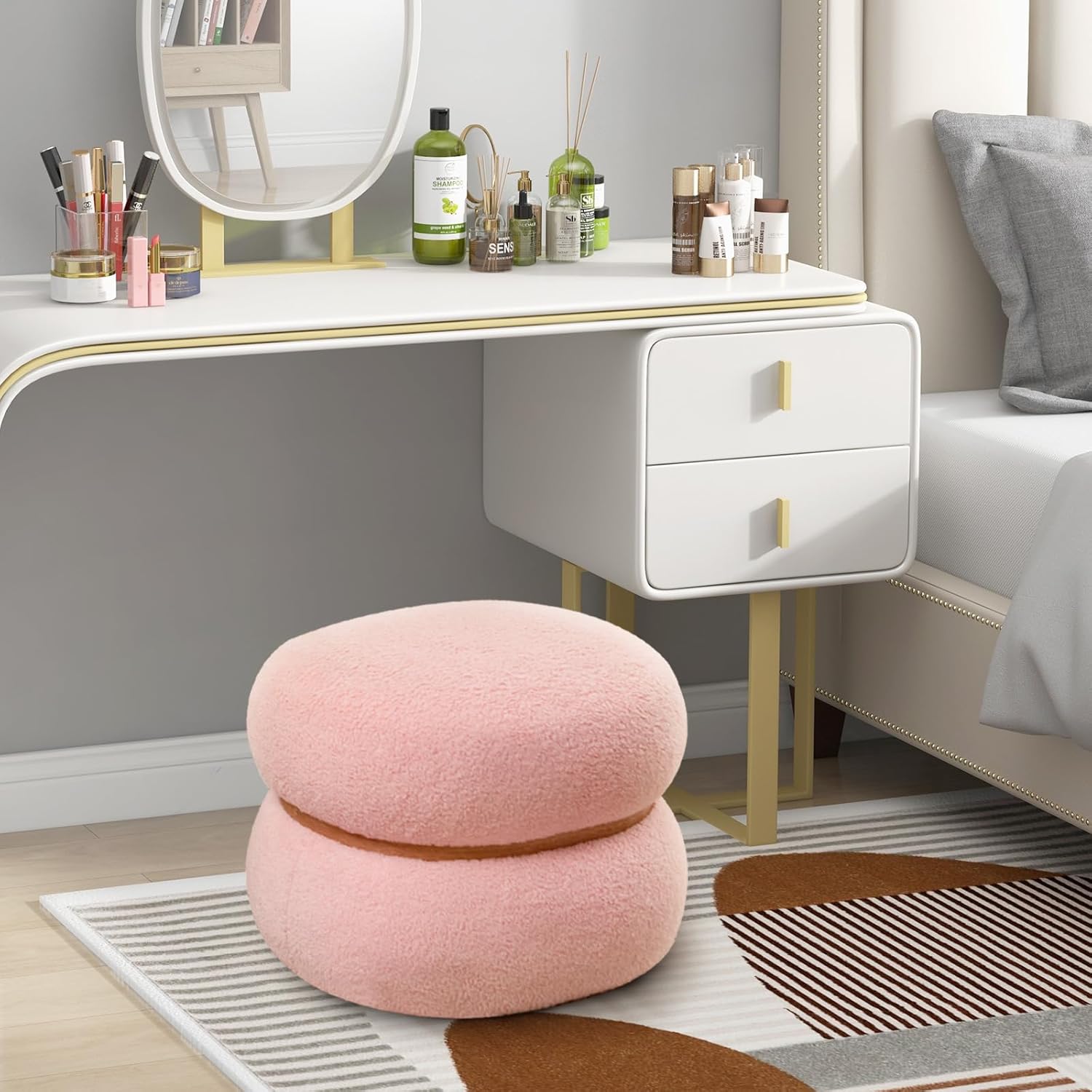 Tabouret de Coiffeuse en Fausse Fourrure, Pouf, Repose-Pieds Rembourré, Base Stable et Patins Antidérapants, Max.300kg, 44x35x35cm, Rose - 9