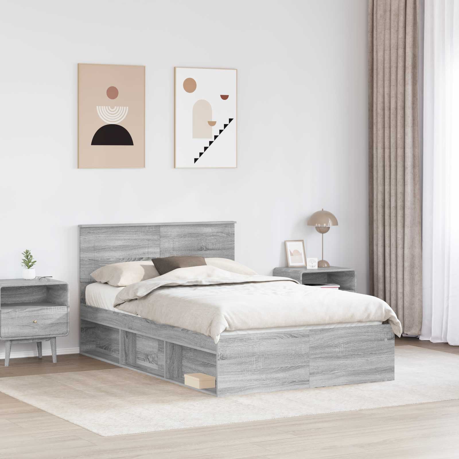 Cadre de lit en panneau de bois gris pour la chambre, 135 × 190 cm - 3