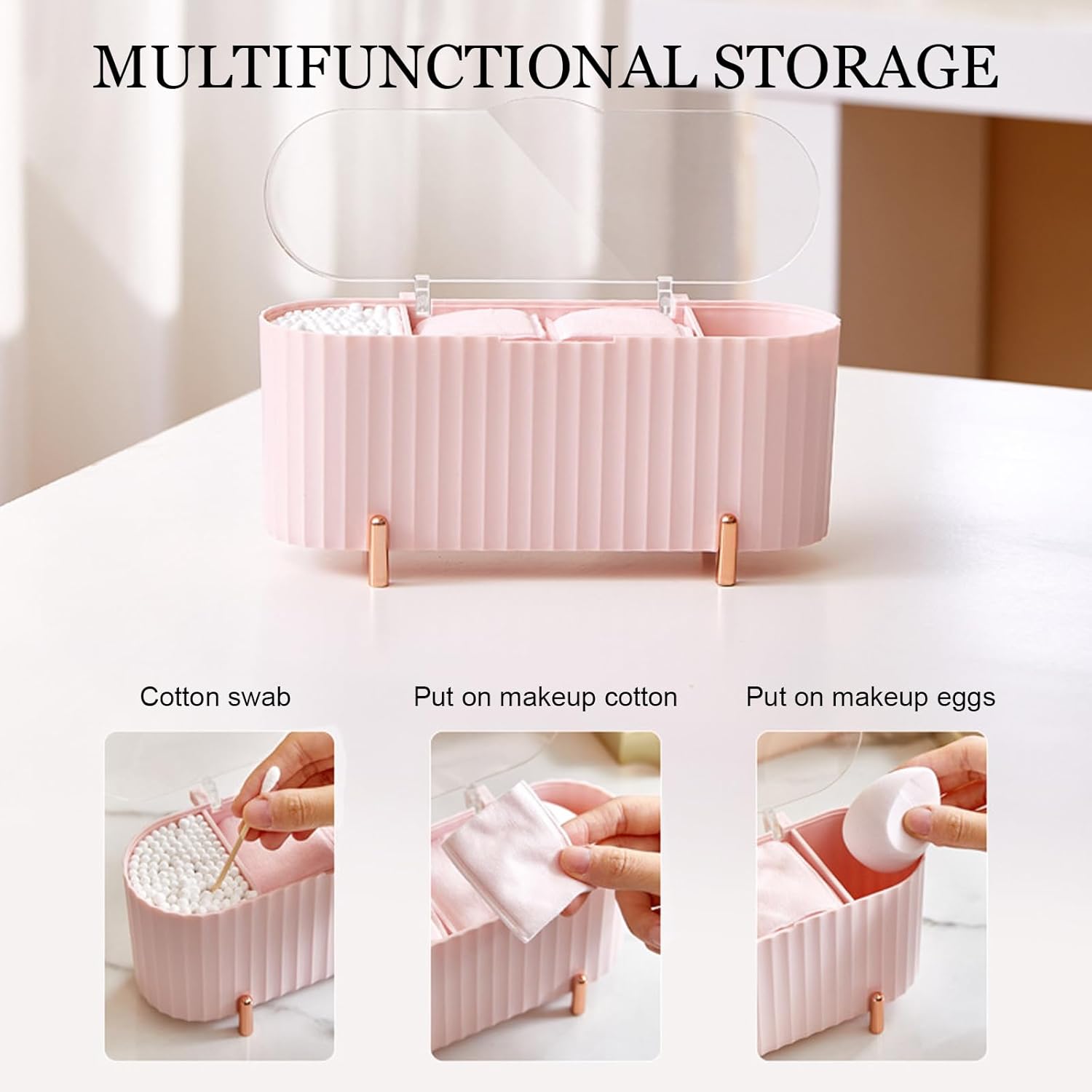 Distributeur de Cotons-Tiges à 3 Compartiments, Boite Coton Tige, Rangement de Maquillage avec Couvercle pour Chambre à Coucher, Salle de Bain ect - 4