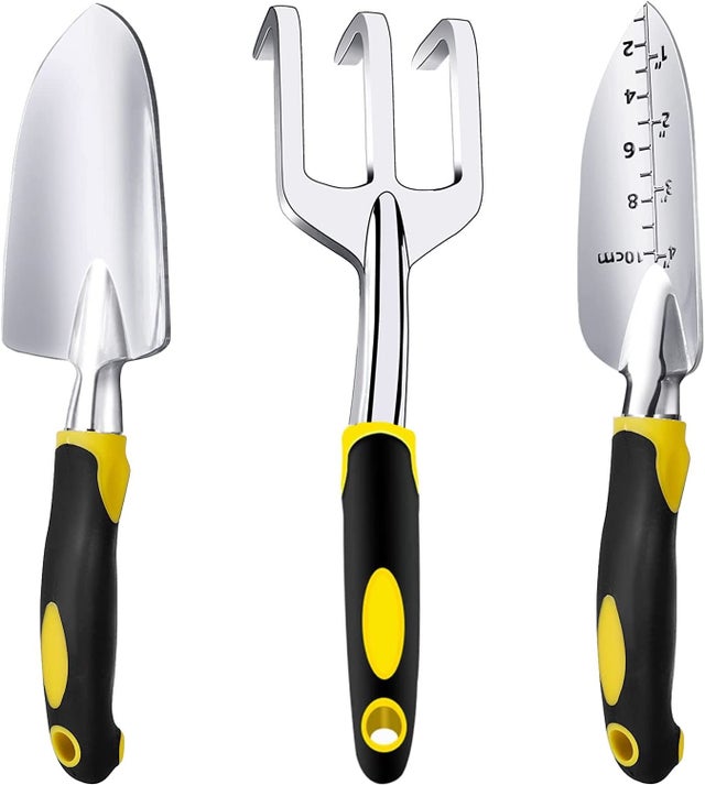 Ensemble de trois outils de jardinage : pelle de jardin robuste, pelle à transplanter, râteau à main – manche ergonomique
