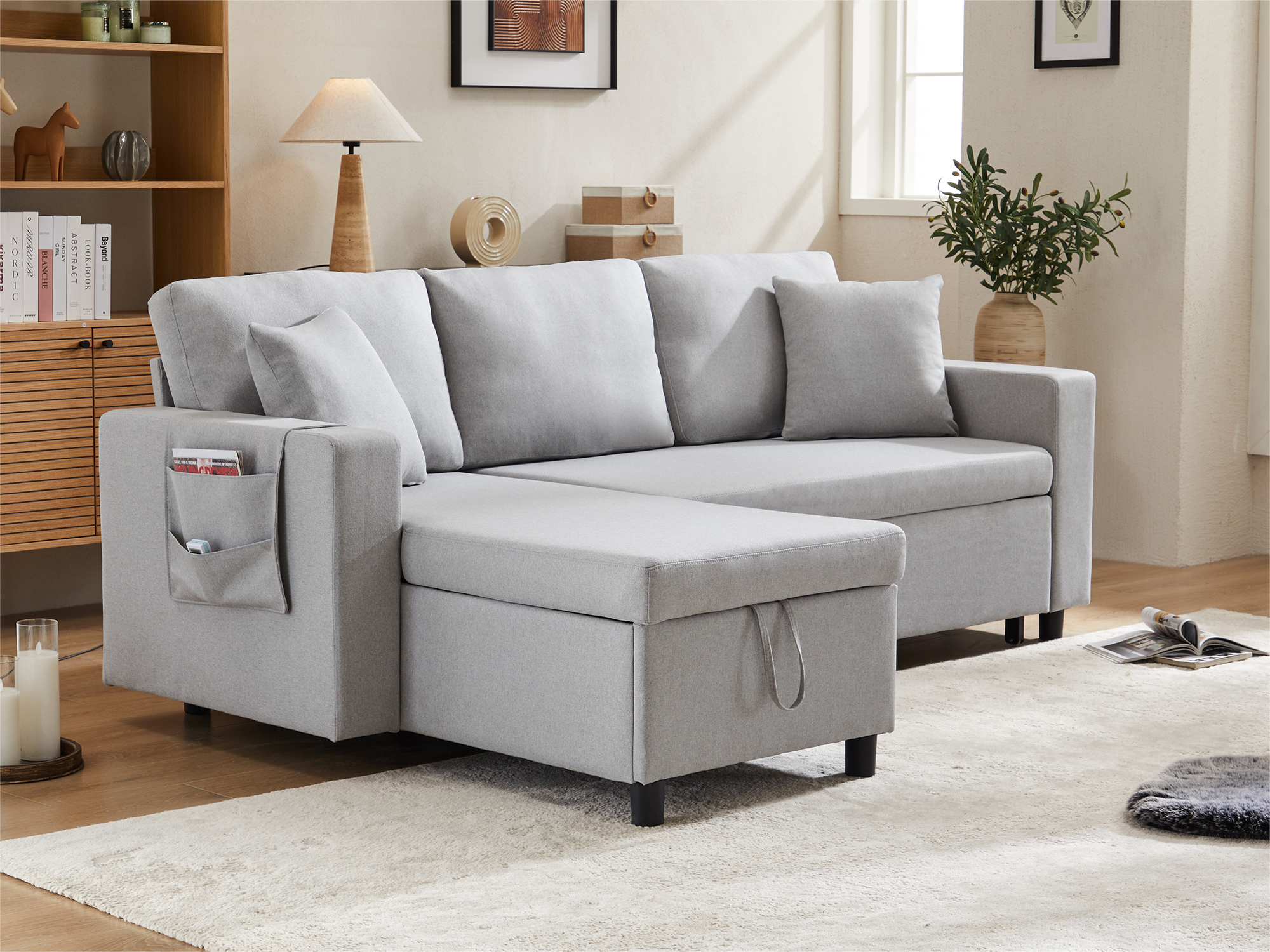 3-osobowa rozkładana sofa w pościeli - ze schowkiem i bocznymi kieszeniami - Jasnoszary