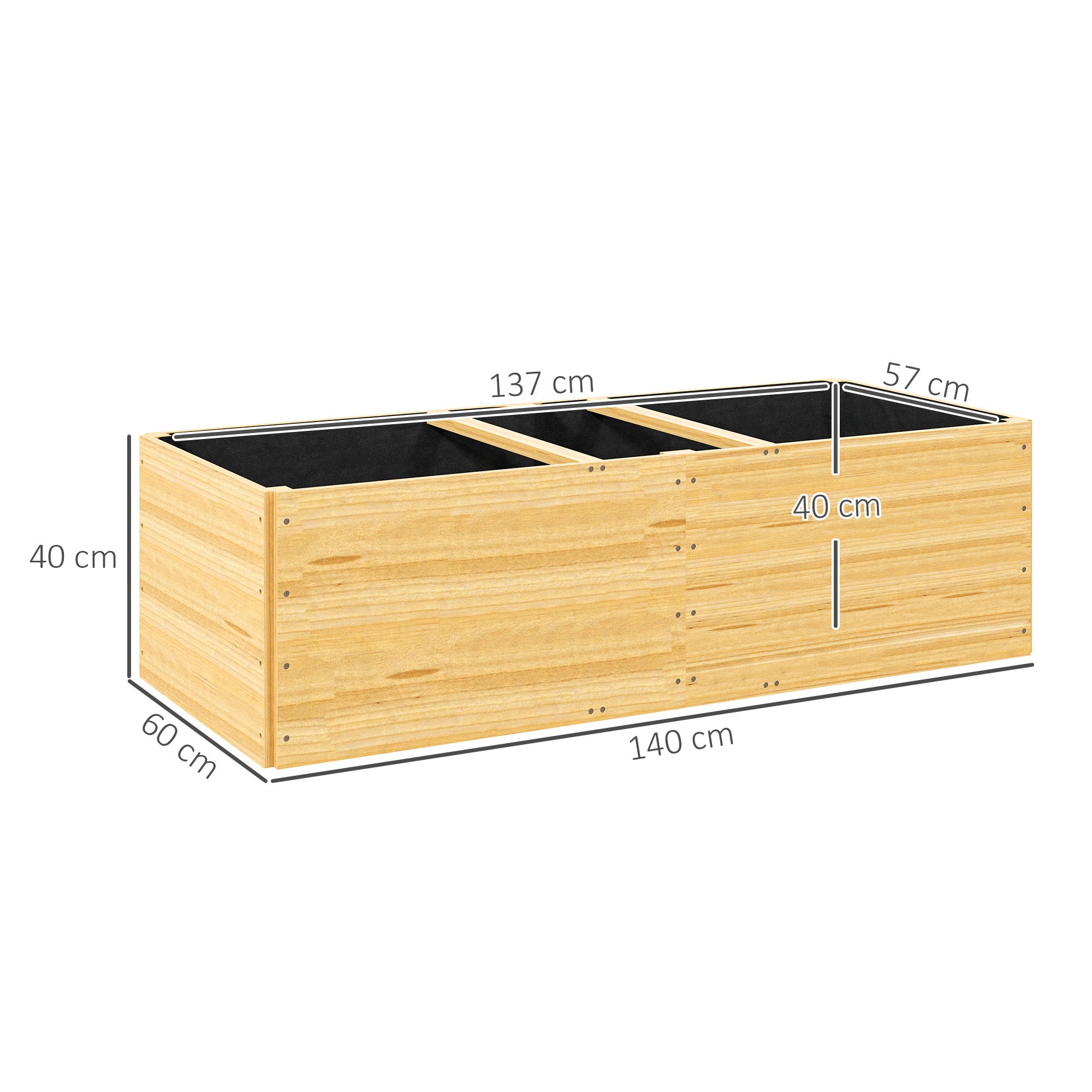 Potager surélevé en bois avec 3 zones de plantation, pour légumes, herbes aromatiques et fleurs, 140 x 60 x 40 cm - 5
