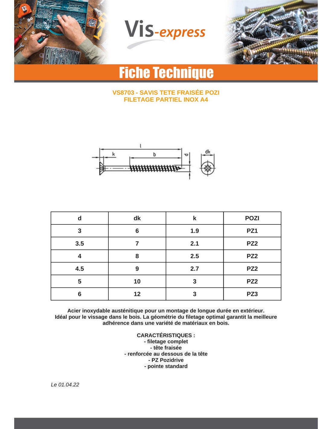 VBA Vis bois agglo Tête fraisée Pozi N°3 6X100 Filetage partiel Inox A4-10 pièces - 2
