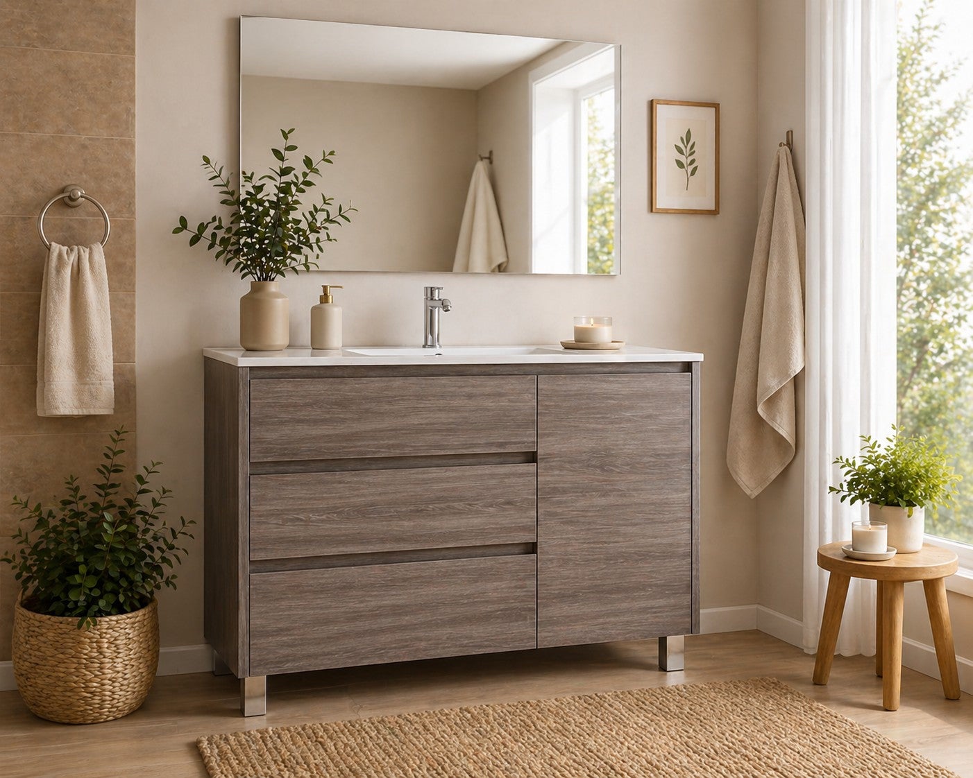 Set mobilier de baie VOLUM 3 sertare și ușă, lavoar și oglindă Stejar Smoky 80x40 cm