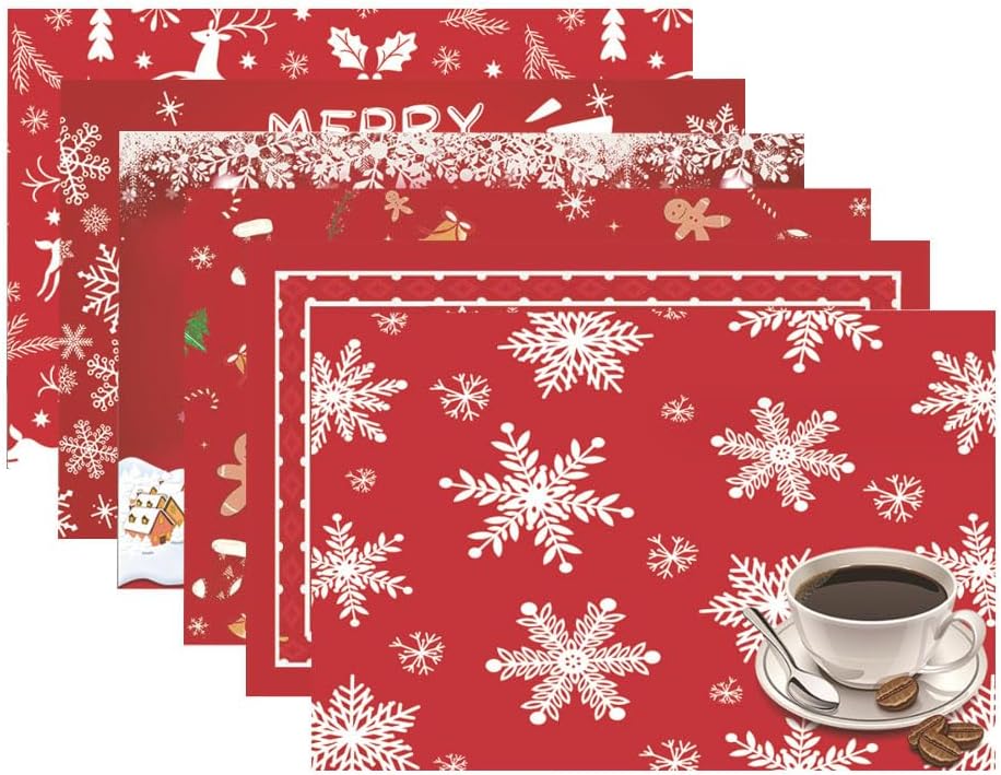 Zestaw 6 podkładek świątecznych, dekoracja stołu świątecznego z PVC, antypoślizgowe podkładki, na przyjęcia bożonarodzeniowe, święta, wesela i kolacje
