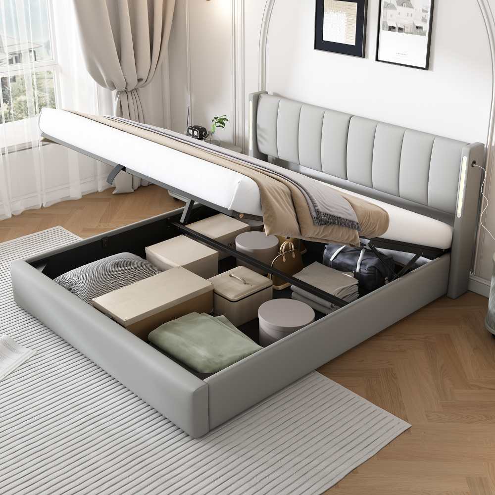 Łóżko tapicerowane LED binauralne 160x200cm z USB, schowkiem i regulowanym oparciem z PU