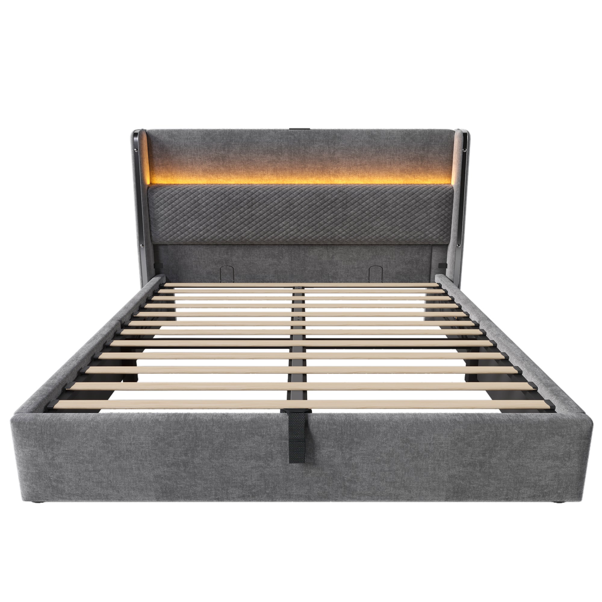 letto contenitore 140x200 cm testiera alta LED, stazione di ricarica USB/Type-C lino grigio senza materasso - 8