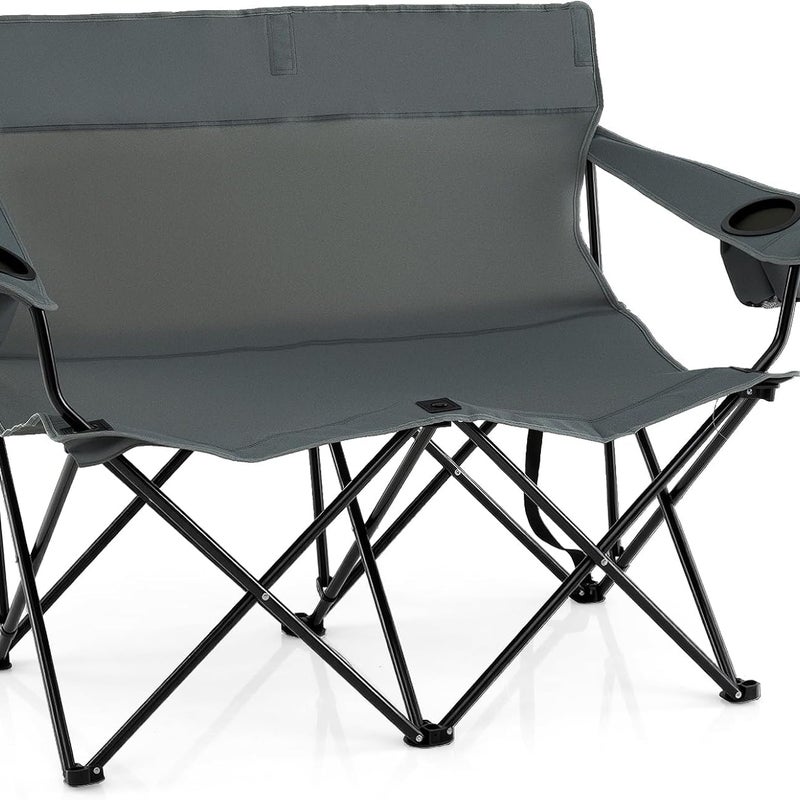 Krzesło Kempingowe 2-Osobowe, z Wygodnym Oparciem, Podłokietnikami z Bocznymi Kieszeniami, Idealne na Imprezy Plenerowe, Podróże, Plażę (Szare)