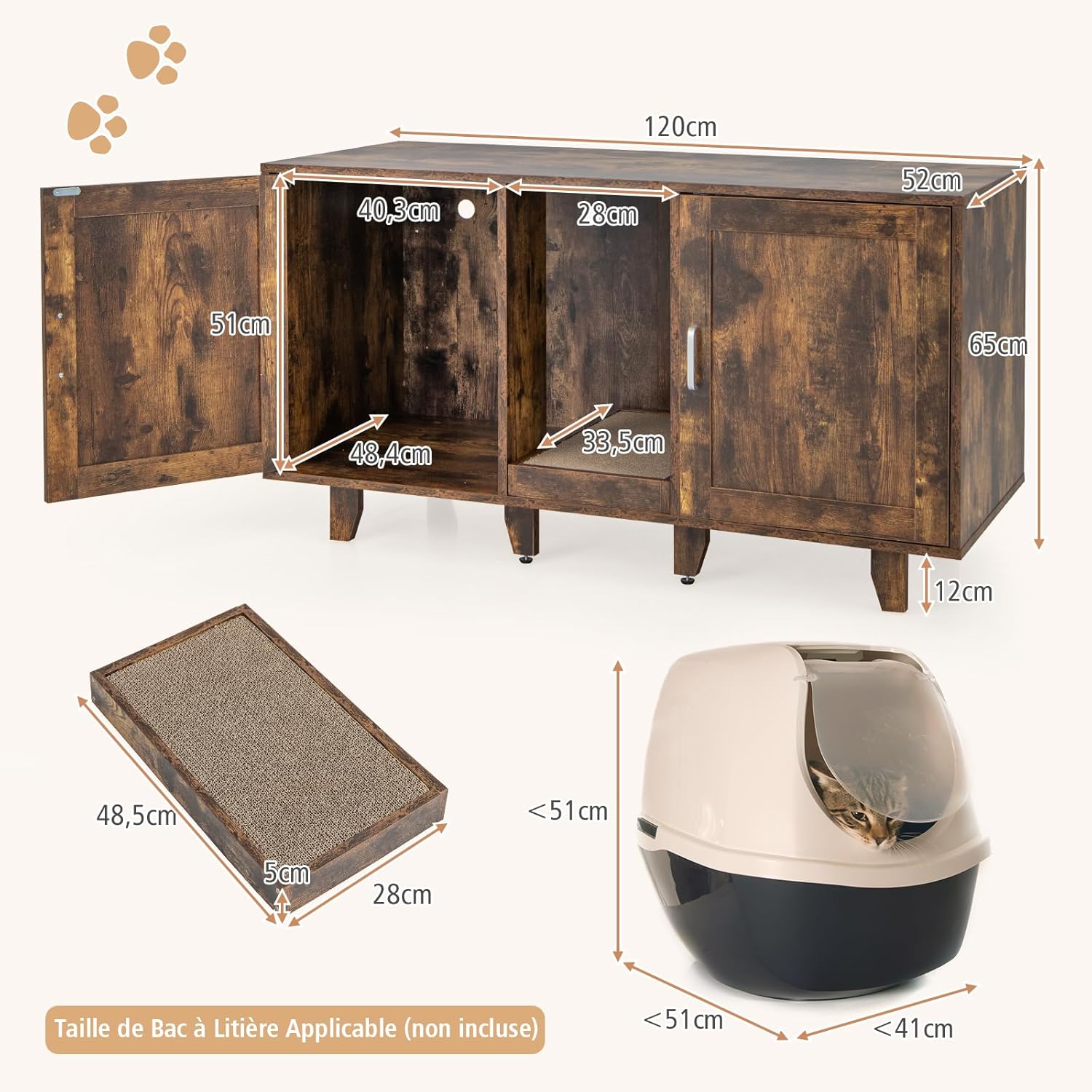 Caixa de Areia para Gatos 3 em 1 com 2 Portas, Pernas Removíveis e Arranhador Removível, Estilo Industrial - 7